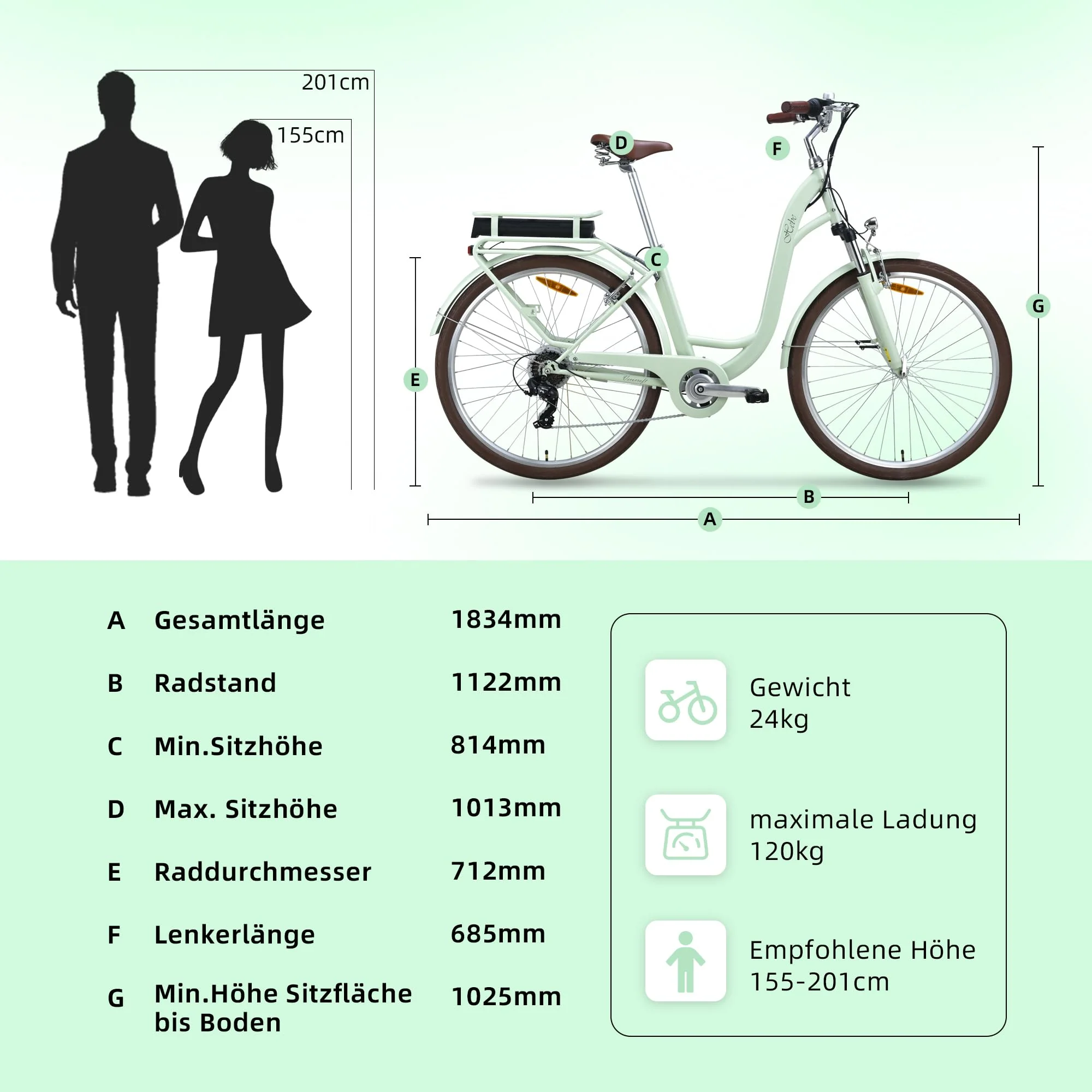 VecoCraft E-Bike City Elektrofahrrad für Herren und Damen 28 Zoll 7-Gang-Modus 3 Fahrmodi mit 10 Ah Akku 36V 250W Heckmotor RH 46 cm (Olivgrün) - Image 8
