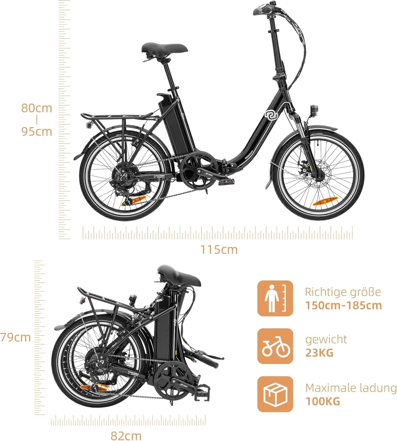 VecoCraft E-Pax e-Bike klapprad, klapprad 20 Zoll, mit herausnehmbarem 36V 13Ah Akku, Reichweite bis zu 55-95km, 250W Heckmotor, 7-Gang e-Bike schwarz - Image 7