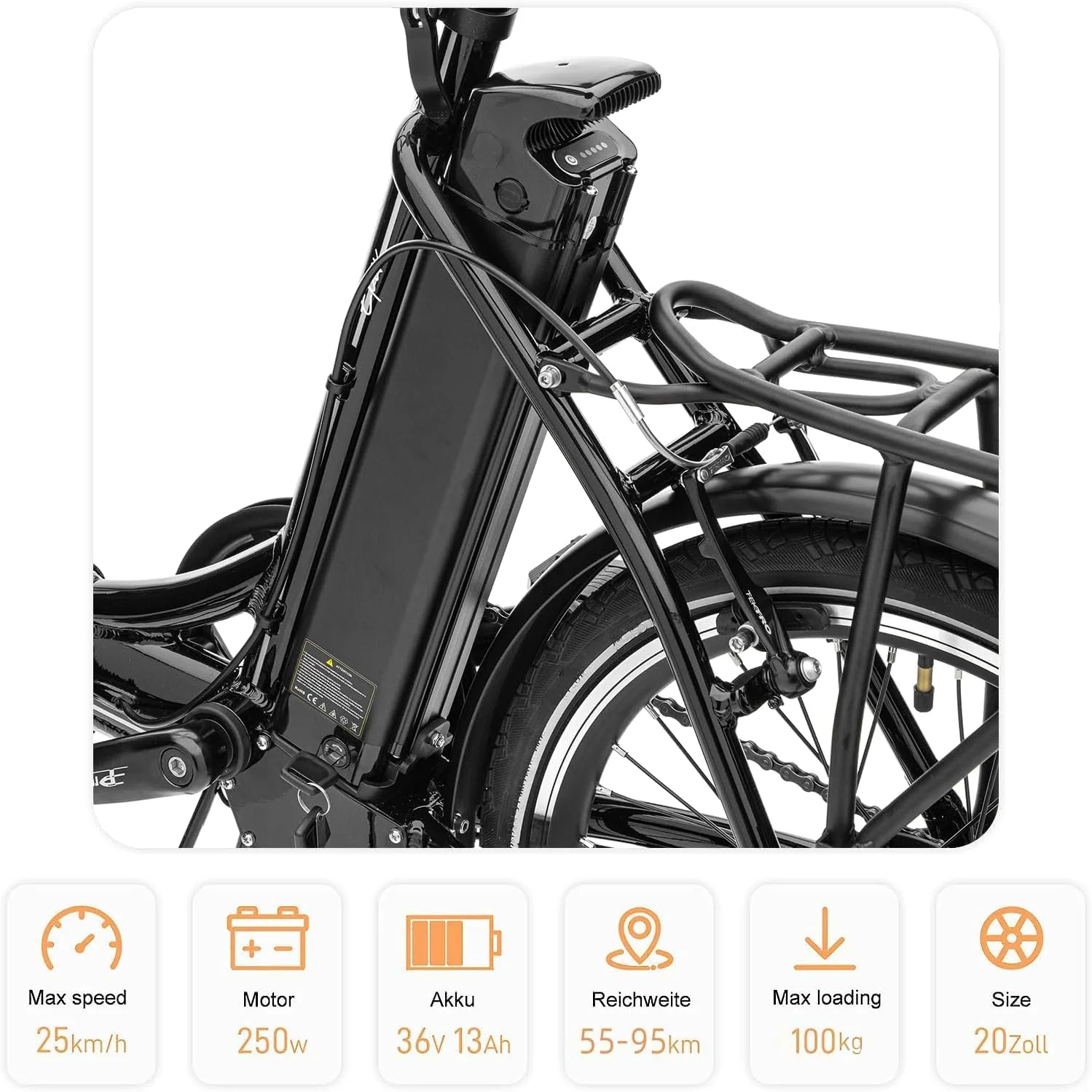 VecoCraft E-Pax e-Bike klapprad, klapprad 20 Zoll, mit herausnehmbarem 36V 13Ah Akku, Reichweite bis zu 55-95km, 250W Heckmotor, 7-Gang e-Bike schwarz - Image 8
