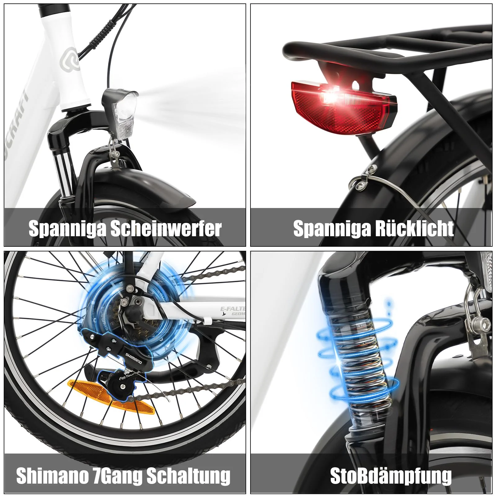 VecoCraft EBike Klapprad Elektrofahrrad 20 Zoll, 250W Motor, Li-Ion Akku 36 V/13Ah, bis zu 100 km Reichweite, Shimano 7-Gang City E-Bike mit LCD Display für Herren und Damen (Weiße) - Image 6