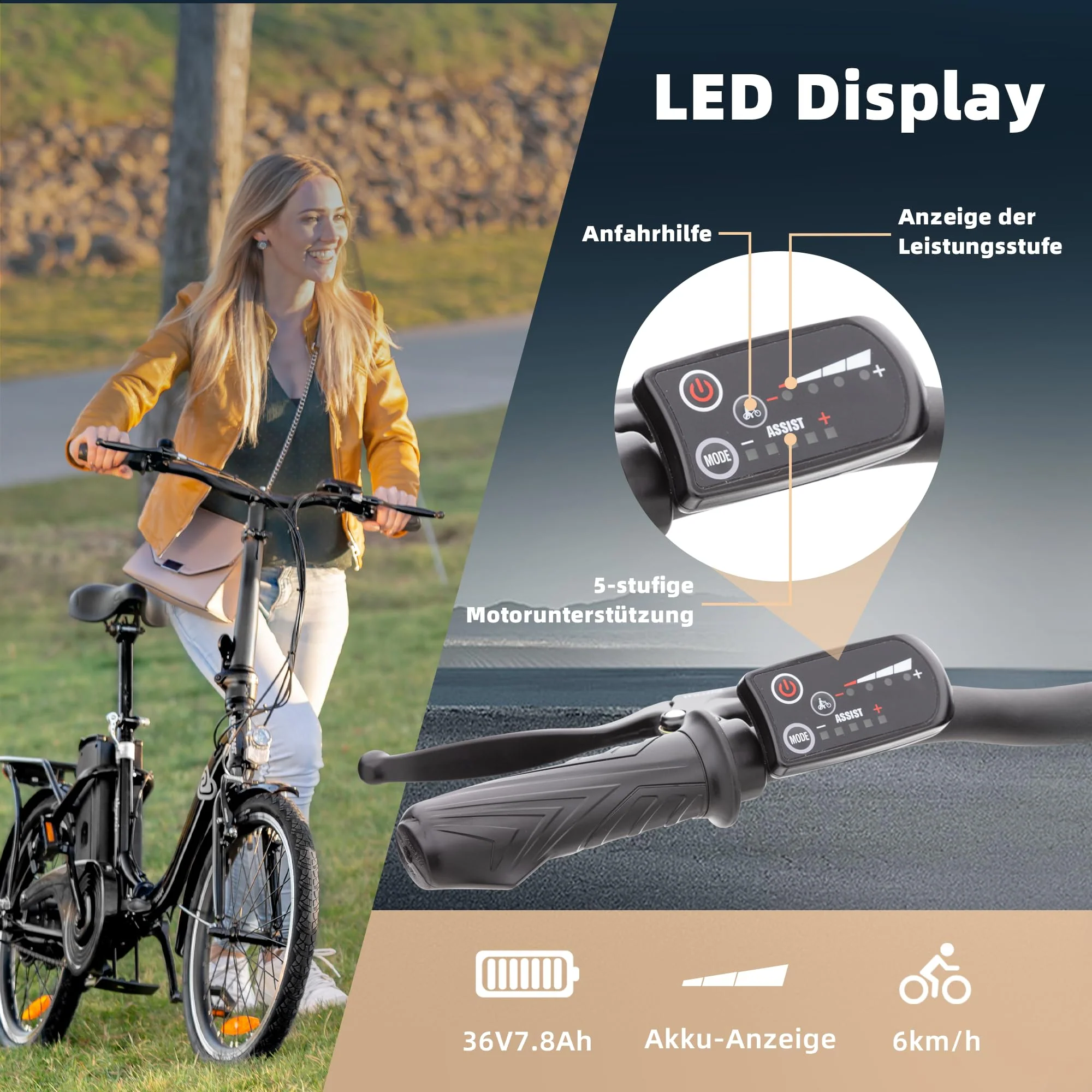 VecoCraft Elektro Klapprad Nemesis, e-Bike klapprad 20 Zoll, 36V 7.8Ah abnehmbaren Lithiumbatterien Reichweite 65km, 250W Heckmotor, klapprad Erwachsene, e-Bike Damen e Bike Herren - Image 5