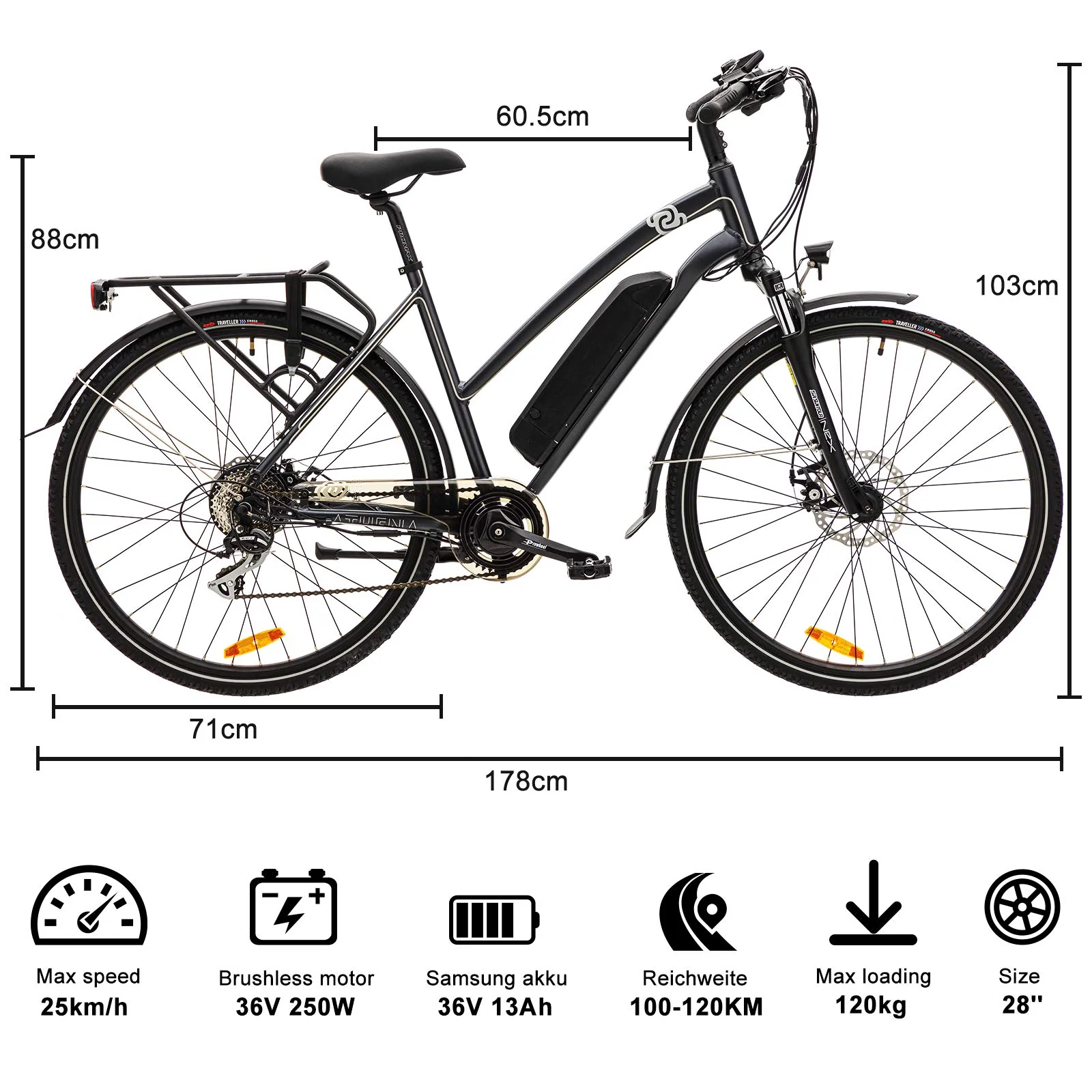 VecoCraft Elektrofahrrad E Bike Athena E-Bike Trekking Pedelec für Damen Herren, 28Zoll Urban Citybike, mit 36V 250W 13Ah Akku 25km/h 100km, Shimano 8-Gang Electric Bike - Image 4