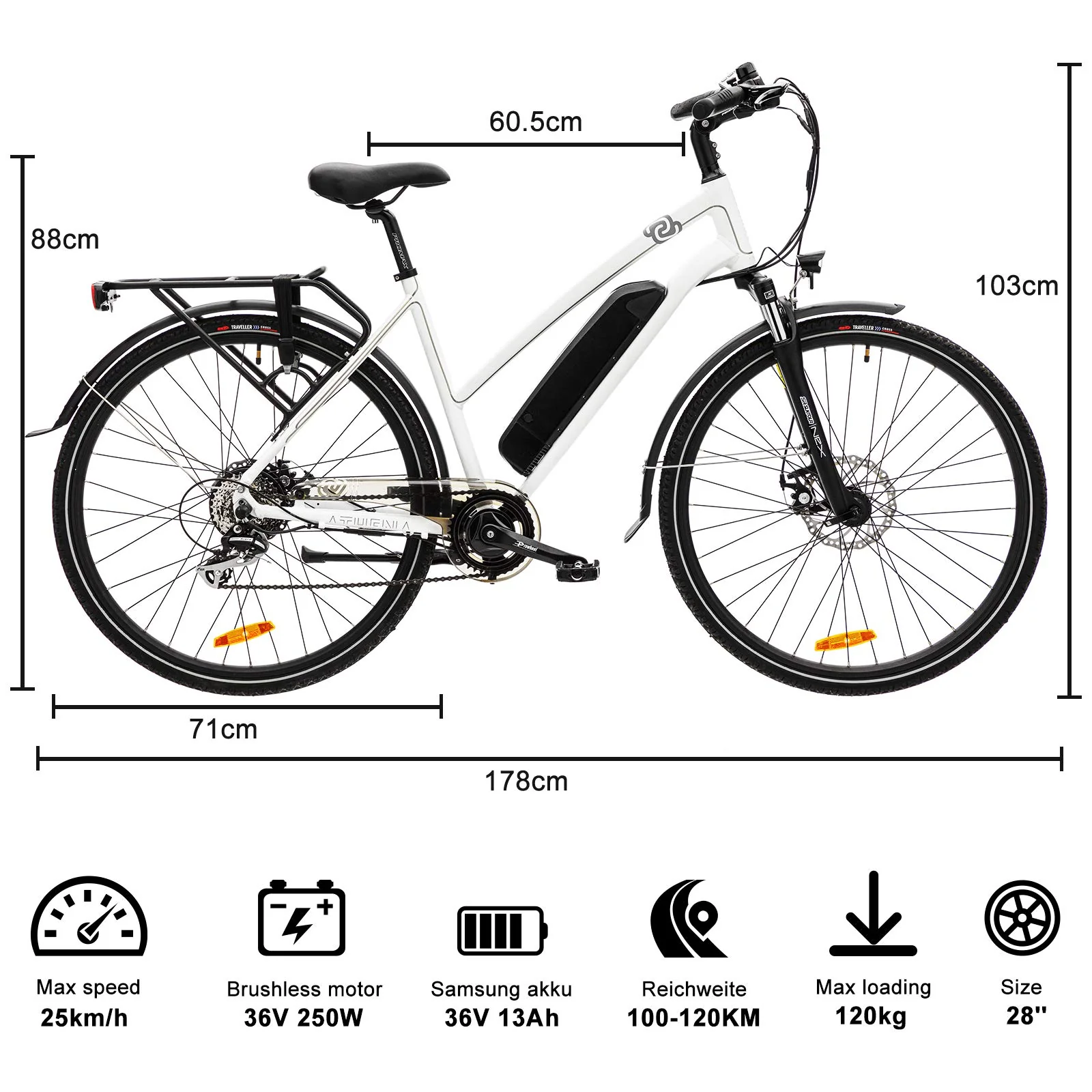 VecoCraft Elektrofahrrad E Bike Athena, Trekking Pedelec für Damen Herren, 28 Zoll Urban Citybike, mit 36V 250W 13Ah Akku 25km/h 100km, Shimano 8-Gang Electric Bike, Weiss - Image 4
