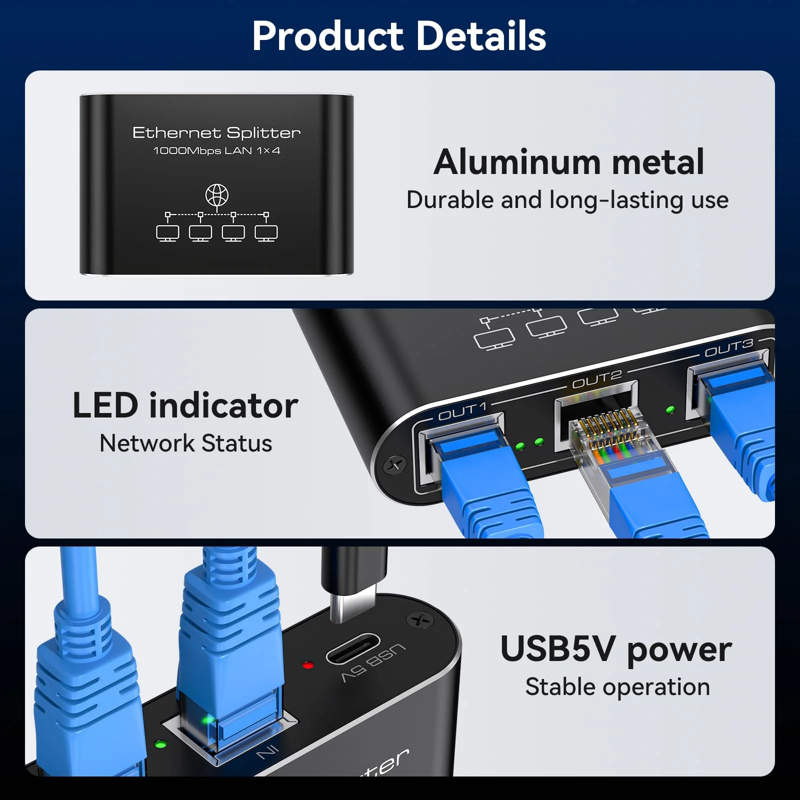 VEDINDUST LAN Splitter 1 Auf 4 1000Mbps Aluminium Netzwerk Switch Gigabit Ethernet Verteiler für Computer, Hubs, Router, Set-Top Box Mit USB-C Netzkabel - Image 7