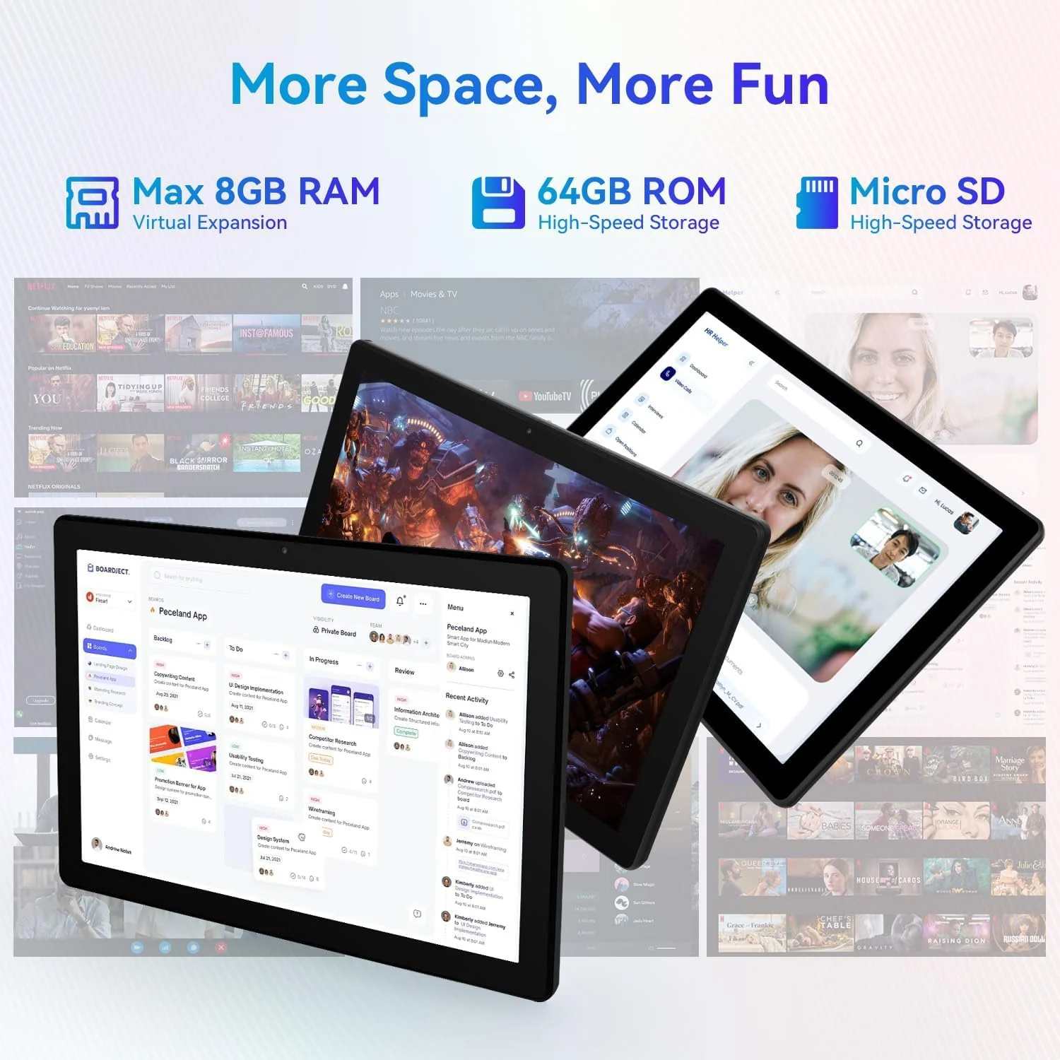 Vekoy Tablet 10 Zoll Android Octa-Core 8 GB RAM 64 GB ROM (1 TB TF) 1280x800 IPS Touchscreen GMS-zertifizierter 5000mAh Tablet PC WiFi 6 Bluetooth 5.4 Widevine L1 Dual-Kamera - Image 6