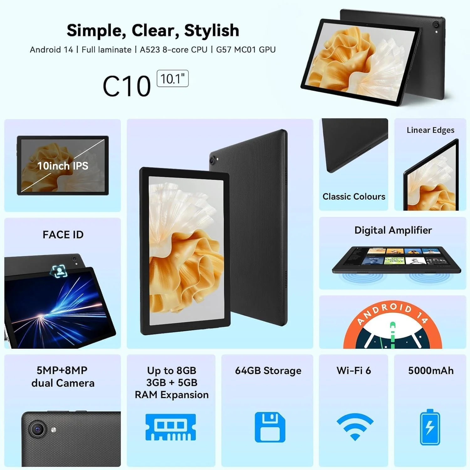 Vekoy Tablet 10 Zoll Android Octa-Core 8 GB RAM 64 GB ROM (1 TB TF) 1280x800 IPS Touchscreen GMS-zertifizierter 5000mAh Tablet PC WiFi 6 Bluetooth 5.4 Widevine L1 Dual-Kamera - Image 8