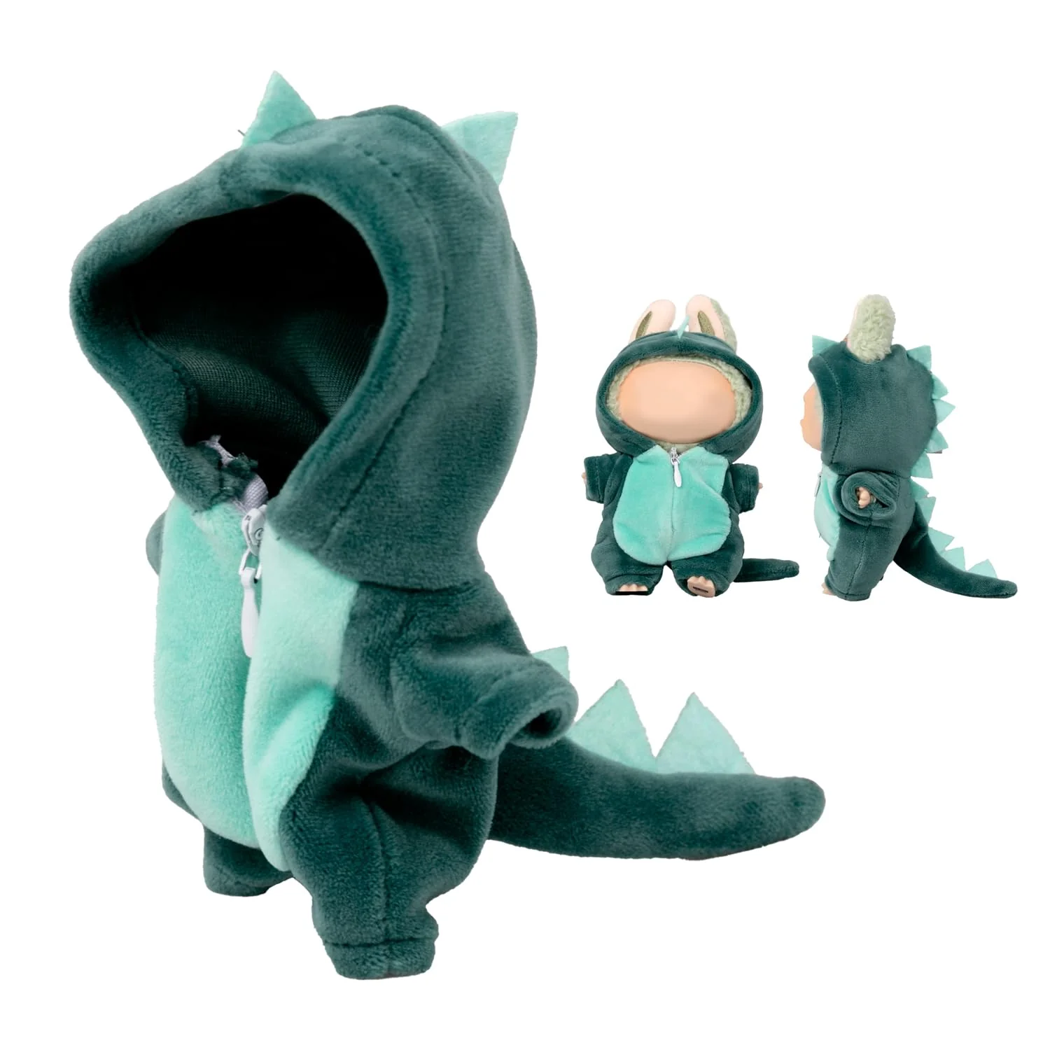 Verdelume Grüner Dinosaurier-Overall Kleidung für Labubu, EIN-teilige 17cm Puppenbekleidung mit Kapuze, Geschenkidee für Jungen und Mädchen, 1 Stück (Ohne Labubu-Puppe)