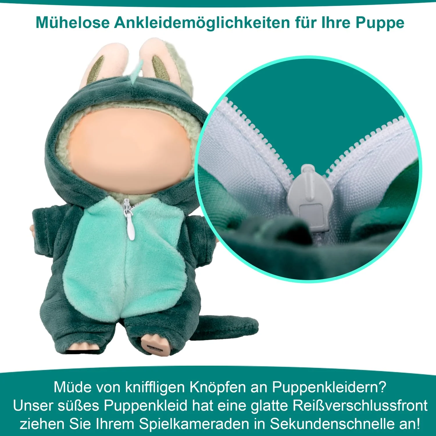 Verdelume Grüner Dinosaurier-Overall Kleidung für Labubu, EIN-teilige 17cm Puppenbekleidung mit Kapuze, Geschenkidee für Jungen und Mädchen, 1 Stück (Ohne Labubu-Puppe) - Image 5
