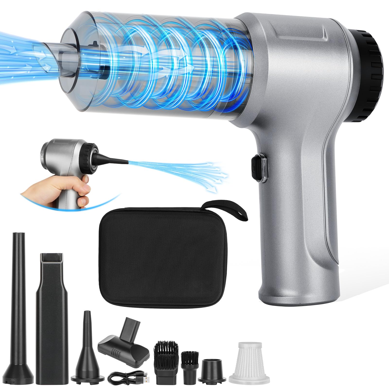 VEUWOLM Handstaubsauger, 12000Pa Handstaubsauger Akku, 3 in 1 Auto Staubsauger Staubgebläse Druckluft Handsauger, USB Wiederaufladbarer Mini Staubsauger, Tastatursauger für Auto, Haus, Büro, Silber - Image 2