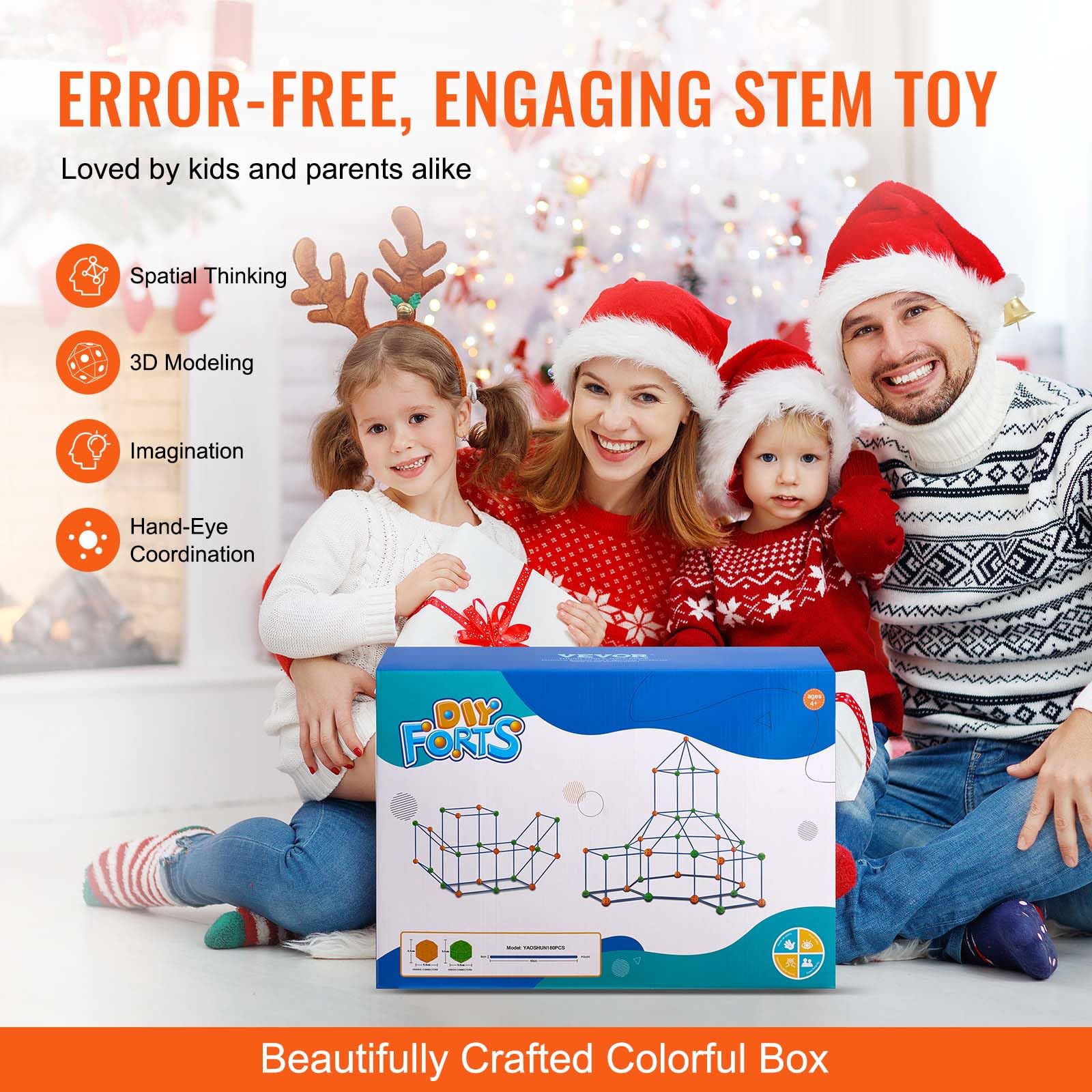 VEVOR Fort Bausatz Kinder, 180-teiliges STEM-Bauspielzeug, pädagogisches Geschenk für 4 bis 8+ Jahre alte Kinder, Spielzelt-Bauset, Konstruktionsspielzeug mit 120 Stäben und 60 Bällen - Image 5