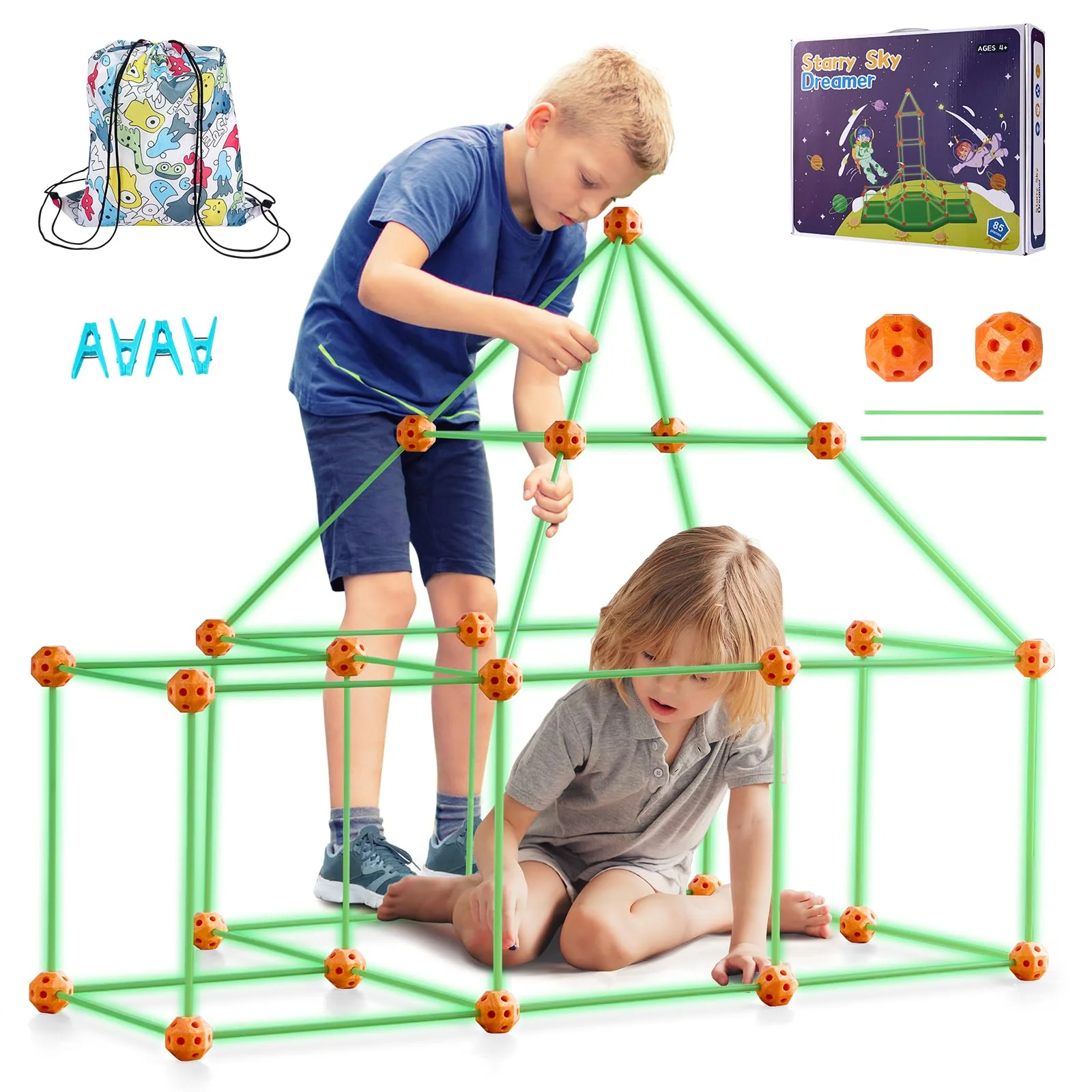 VEVOR Fort Bausatz Kinder, 85-teiliges im Dunkeln leuchtendes STEM-Bauspielzeug, pädagogisches Geschenk für 4- bis 8-jährige Kinder, Konstruktionsspielzeug für Spielzelte mit 55 Stäben und 30 Bällen - Image 5