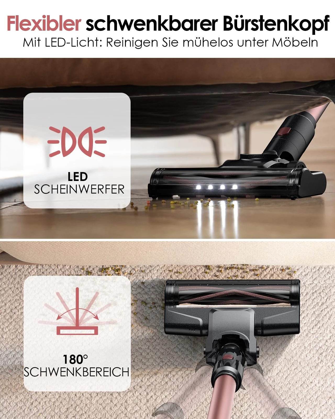 Vexilar Akku Staubsauger 45000Pa/ 50Mins/ 450W, 6-in-1 Staubsauger Kabellos Selbststehend, Akkustaubsauger mit LED Touchscreen, Klein und Leicht für Hartböden Teppiche Tierhaare - Image 7