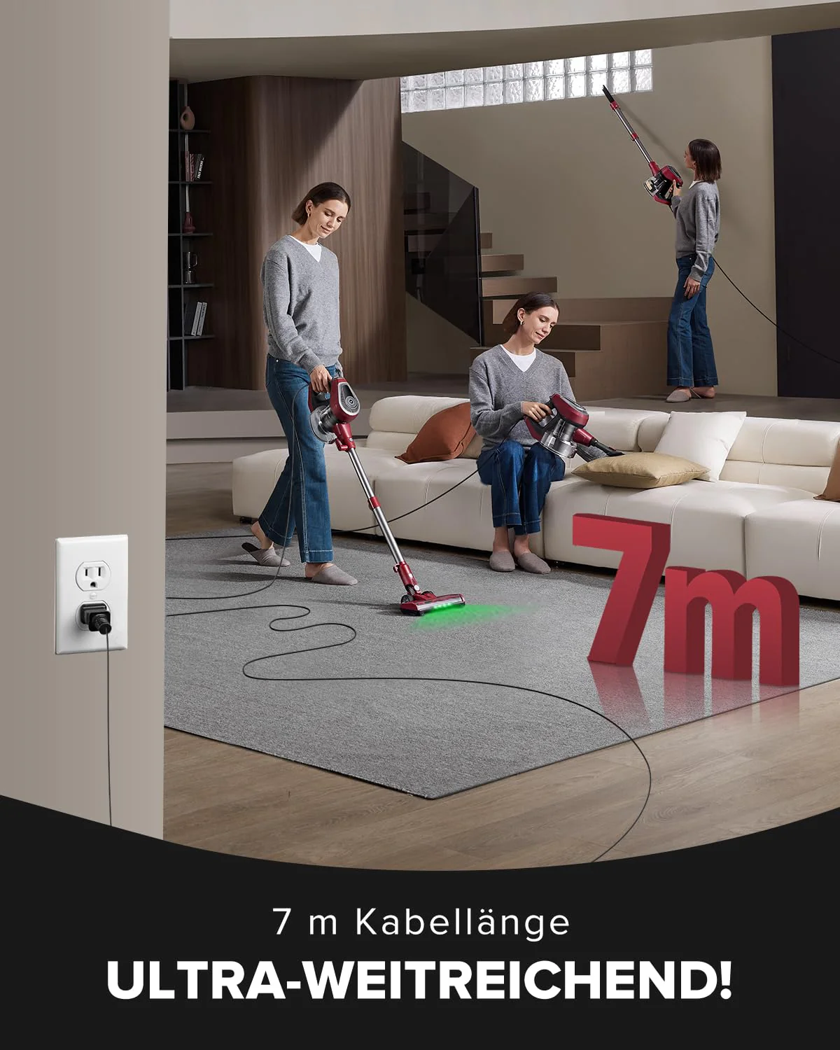 Vexilar C8 Staubsauger mit Kabel - 600W/60kPa Handstaubsauger mit 7m Kabellänge, verhedderungsfreie elektrische Upgrade-Bodenbürste, 1.5L beutelloser Behälter für Hartböden Teppiche Tierhaare - Image 9