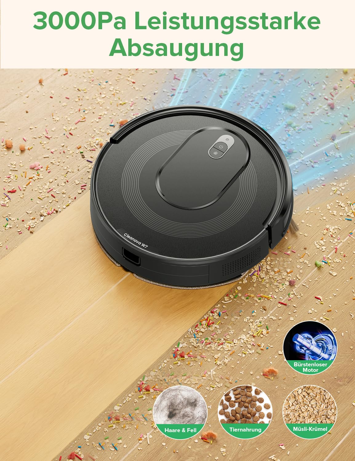 Vexilar W7 Saugroboter mit Wischfunktion 2 in 1, Staubsauger Roboter mit 3000Pa Saugkraft, 120Min Laufzeit Staubsaugerroboter, 3 Reinigungsmodi Roboterstaubsauger, Saugroboter Tierhaare und Hartböden - Image 8