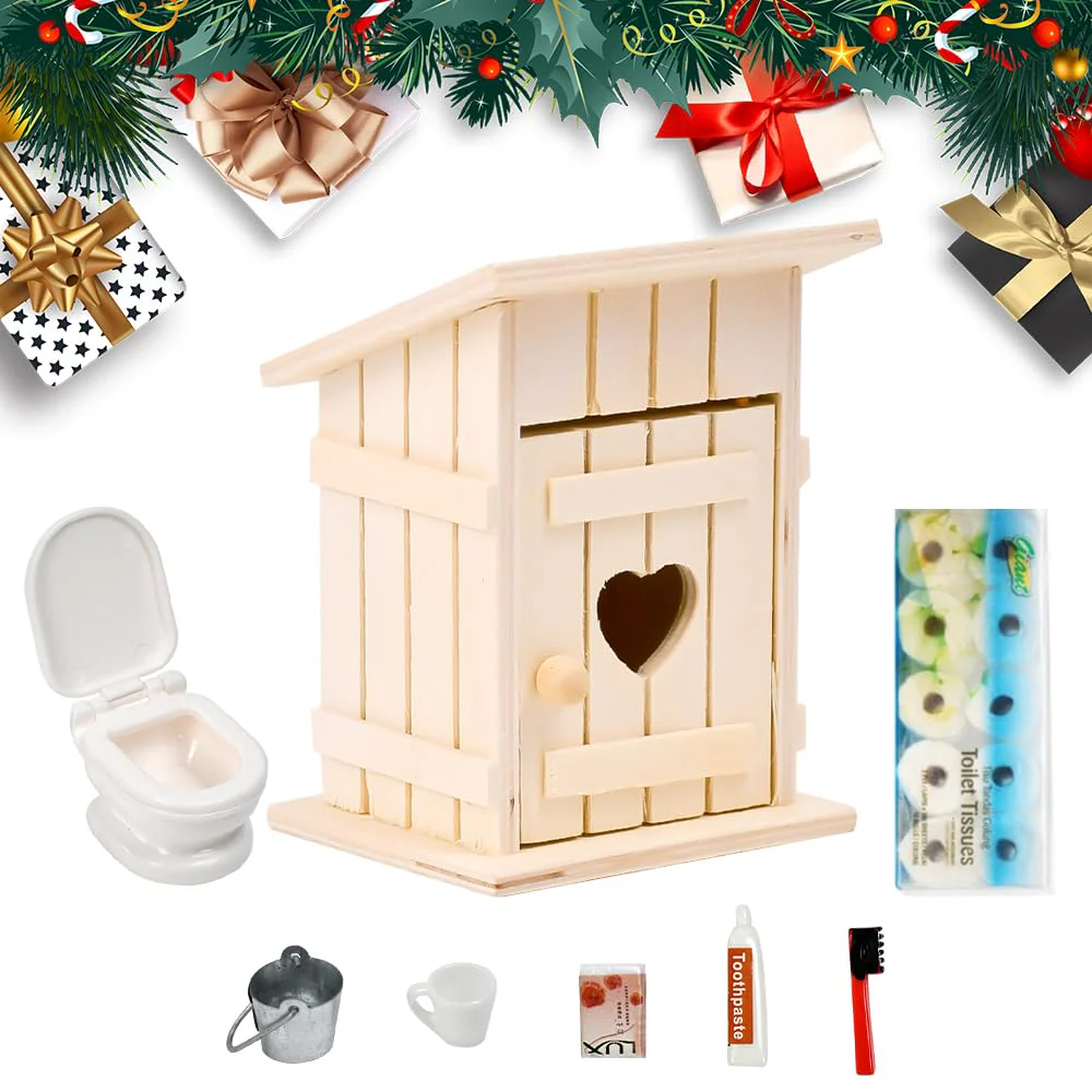 VGECEE Wichtel Toilettenhäuschen Miniatur Toilettenhäuschen Holz Miniatur WC Badezimmer Zubehör Wichtel Toilettenhaus Mini Liegestuhl Deko Klein Miniatur Garten Strandkorb Deko Miniaturen