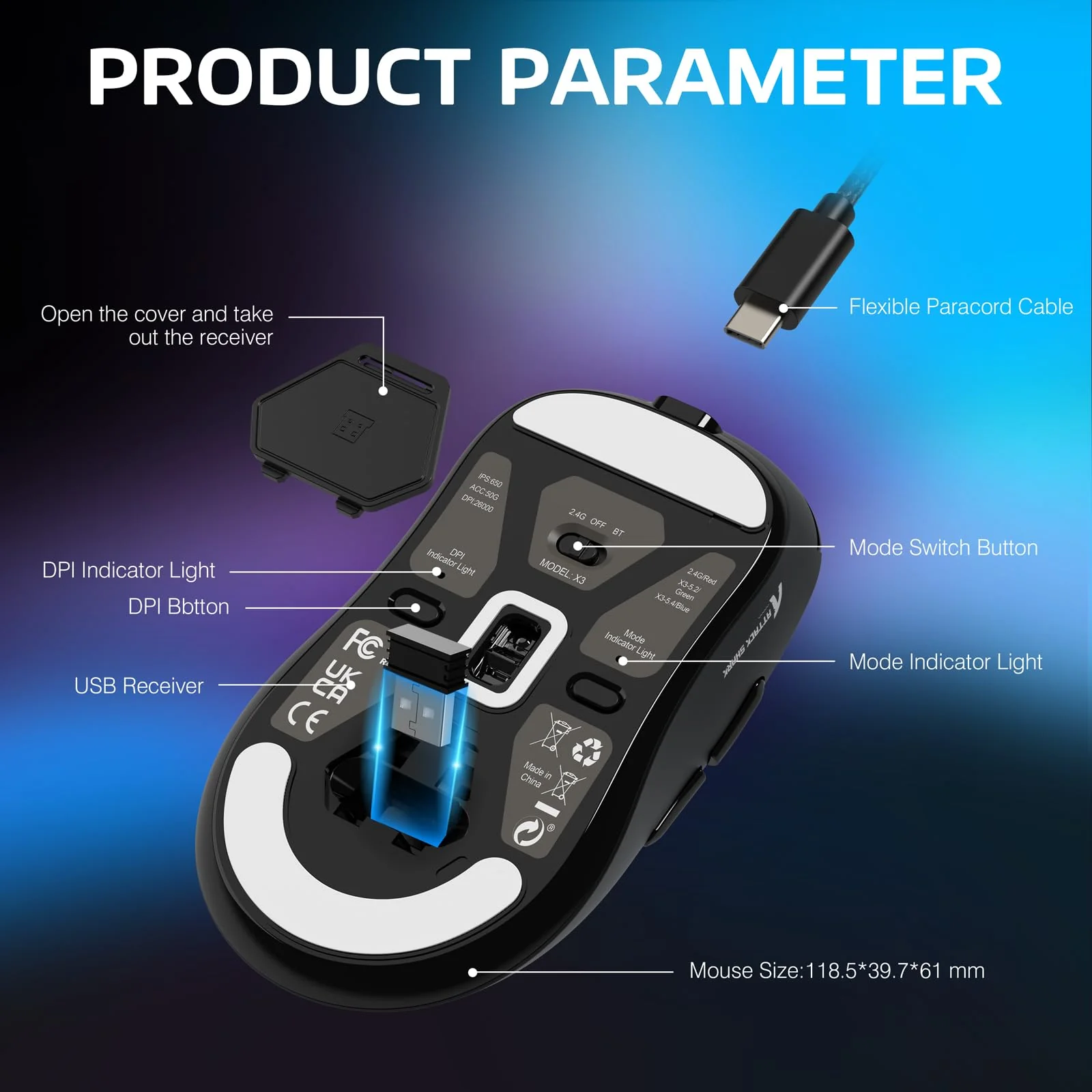 VGN GAMEPOWER x ATTACK SHARK X3 SUPERLIGHT Kabellose Gaming-Maus, 49g Ultraleicht Mouse, 26000DPI, PixArt PAW3395, 2.4G/BT/Kabelgebunden, PTFE Feet, Bis zu 200 Std. Akku, G502, PC/Xbox/PS/Mac, Schwarz - Image 7