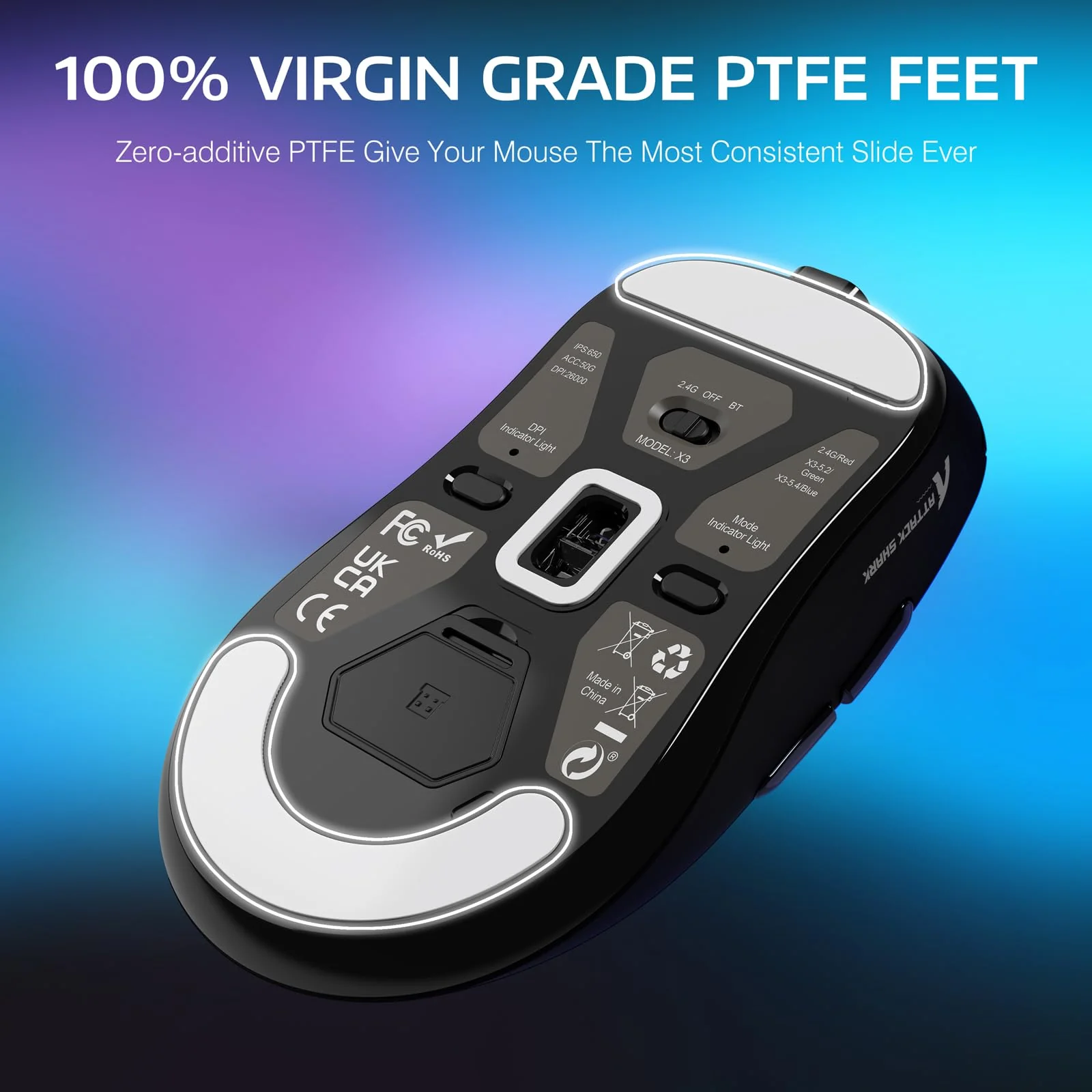 VGN GAMEPOWER x ATTACK SHARK X3 SUPERLIGHT Kabellose Gaming-Maus, 49g Ultraleicht Mouse, 26000DPI, PixArt PAW3395, 2.4G/BT/Kabelgebunden, PTFE Feet, Bis zu 200 Std. Akku, G502, PC/Xbox/PS/Mac, Schwarz - Image 8