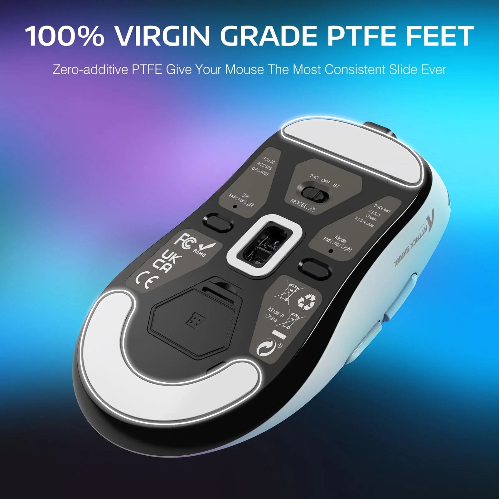 VGN GAMEPOWER x Attack Shark X3 Superlight Kabellose Gaming-Maus, 49g Ultraleicht Mouse, 26000DPI, PixArt PAW3395, 2.4G/BT/Kabelgebunden, PTFE Feet, Bis zu 200 Std. Akku, G502, PC/Xbox/PS/Mac, Weiß