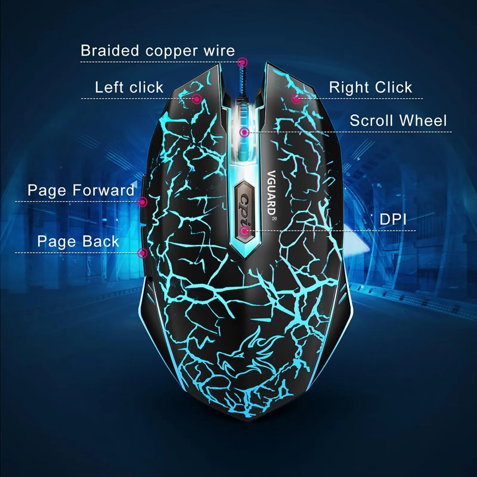 VGUARD Gaming Maus, Wired Hohe Präzision Optische Professionelle Wired Gaming Maus mit 6 Tasten/7-Modi LED Design für pro Gamer - Schwarz - Image 2