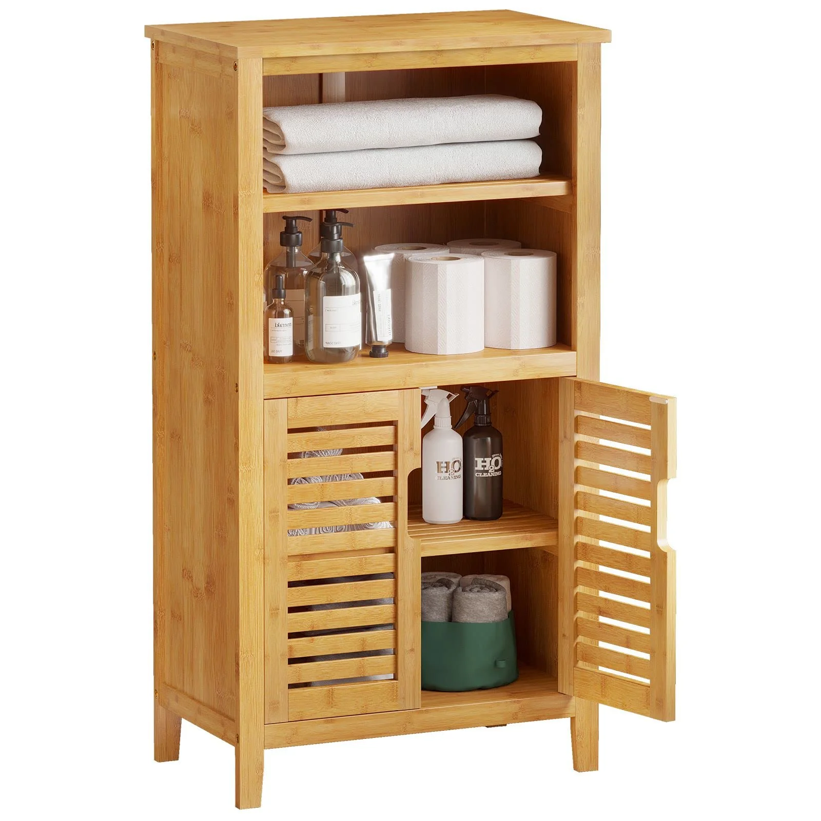 VIAGDO Badezimmerschrank Bambus, Badschrank mit 2 offenen Fächern und 2 Lamellentüren, Küchenschrank, multifunktional Schrank für Badezimmer, Wohnzimmer, Küche, Flur, 50 x 92,3 x 29 cm (B x H x T) - Image 4