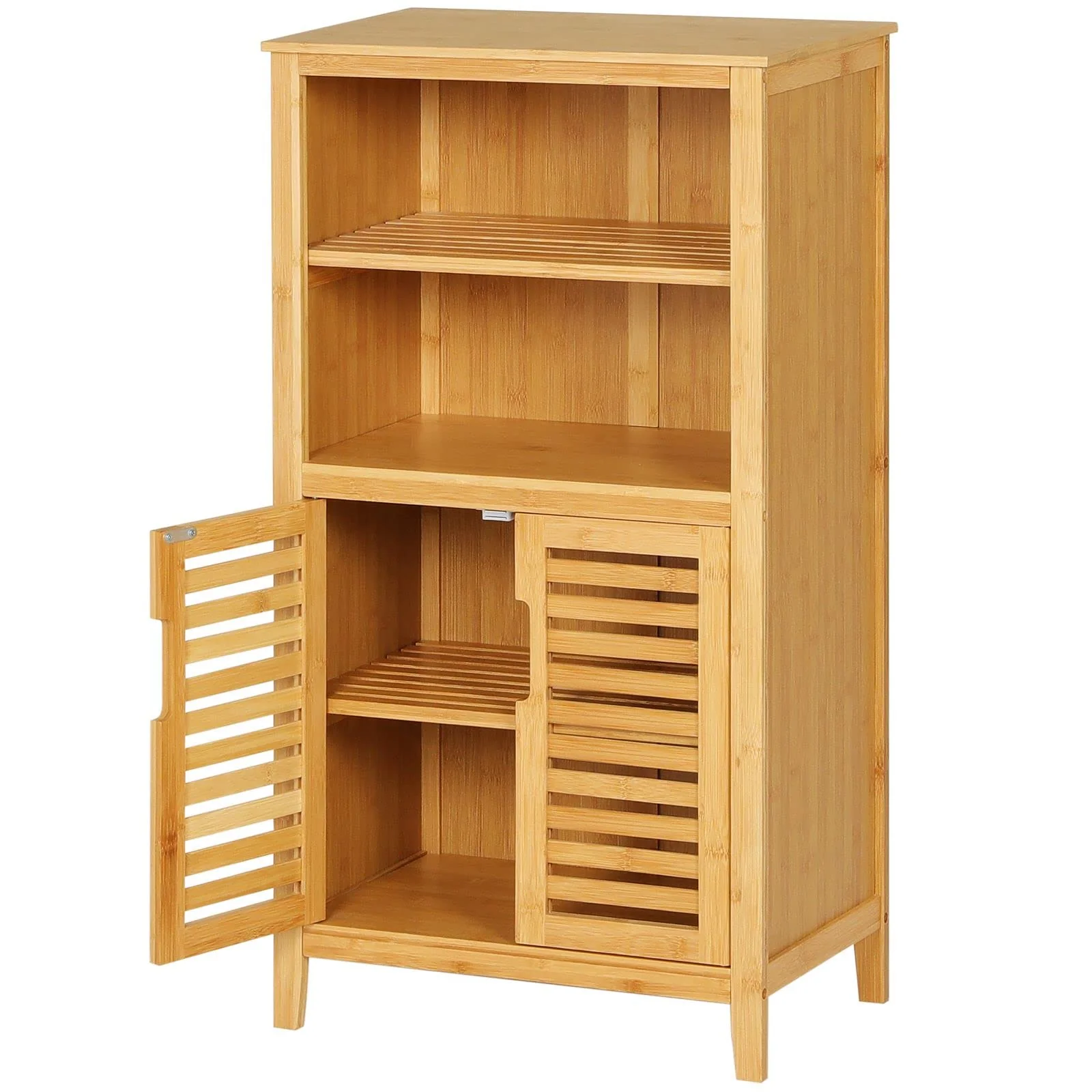 VIAGDO Badezimmerschrank Bambus, Badschrank mit 2 offenen Fächern und 2 Lamellentüren, Küchenschrank, multifunktional Schrank für Badezimmer, Wohnzimmer, Küche, Flur, 50 x 92,3 x 29 cm (B x H x T) - Image 6