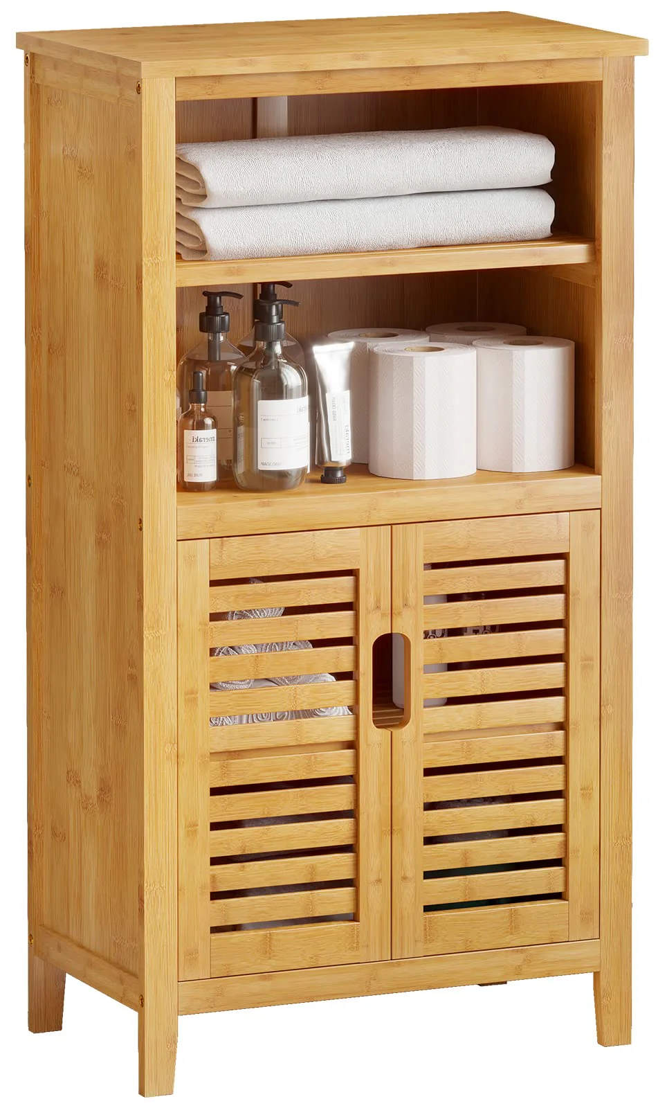 VIAGDO Badezimmerschrank Bambus, Badschrank mit 2 offenen Fächern und 2 Lamellentüren, Küchenschrank, multifunktional Schrank für Badezimmer, Wohnzimmer, Küche, Flur, 50 x 92,3 x 29 cm (B x H x T) - Image 8