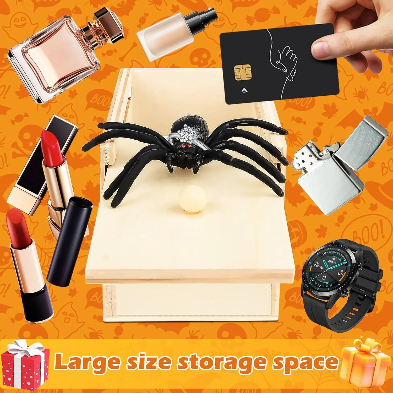 Vibbang 2 Stück Spinne In Box, Spinne Streich Box Holz, Streich Spinne Spinnen Prank Box, Spielzeug Streich Spider Scare Box Angst Box für Kinder Erwachsene Halloween Party Scherzartikel Favors Gifts - Image 3