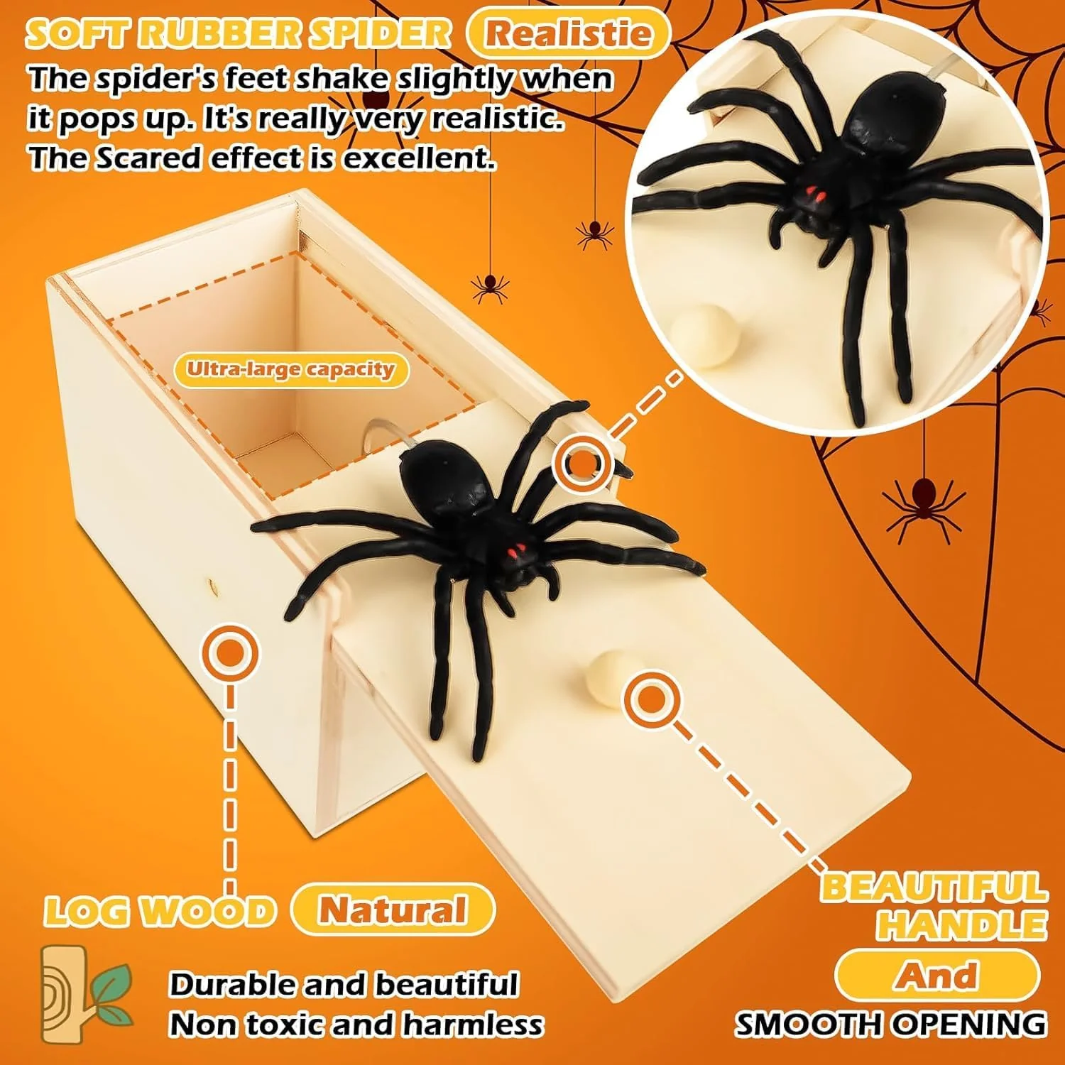 Vibbang 2 Stück Spinne In Box, Spinne Streich Box Holz, Streich Spinne Spinnen Prank Box, Spielzeug Streich Spider Scare Box Angst Box für Kinder Erwachsene Halloween Party Scherzartikel Favors Gifts - Image 4