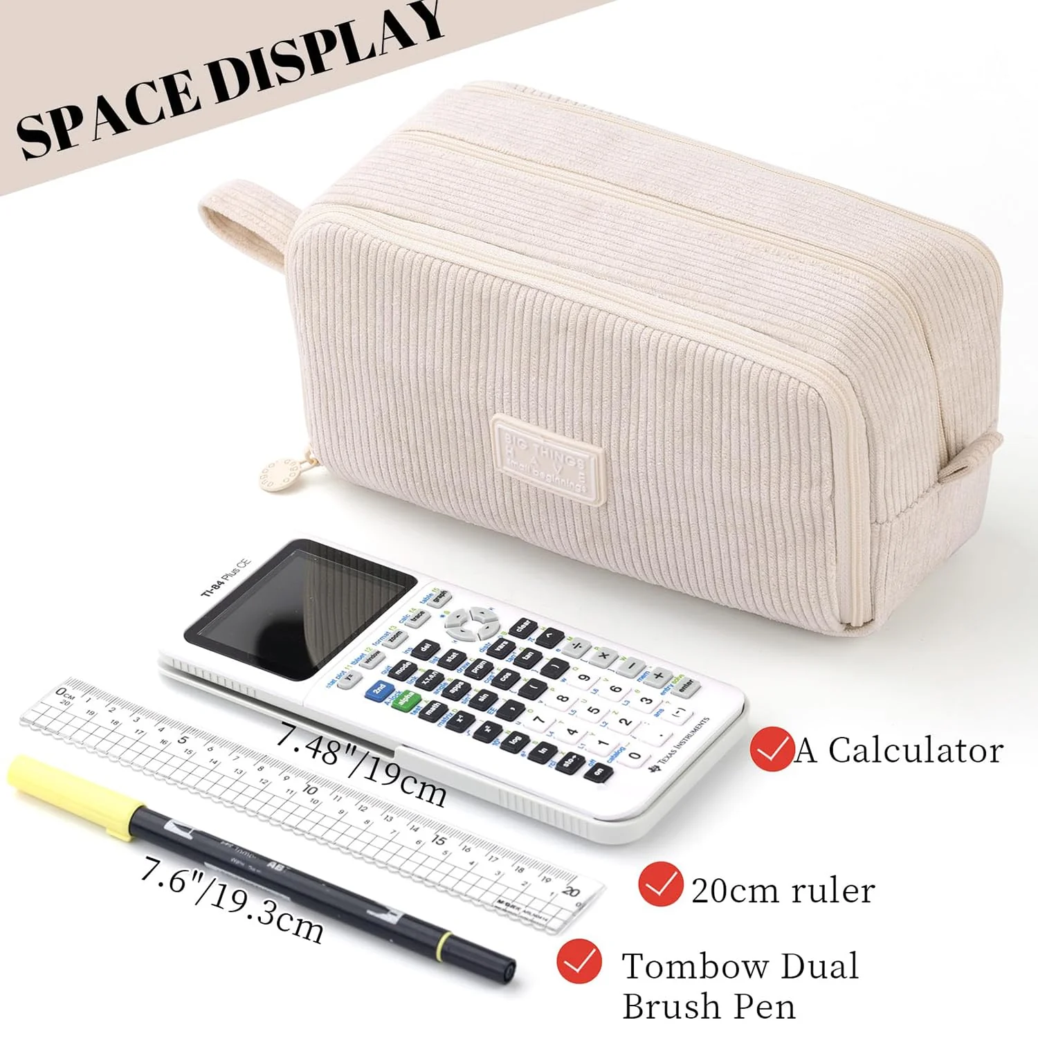 VICDUEKG Federmäppchen aus Cord-Stoff Federtaschen Mäppchen mit 3 Fächer Schulmäppchen Große Kapazität Stiftetasche Pencil Case für Schule & Büro (Beige) - Image 5
