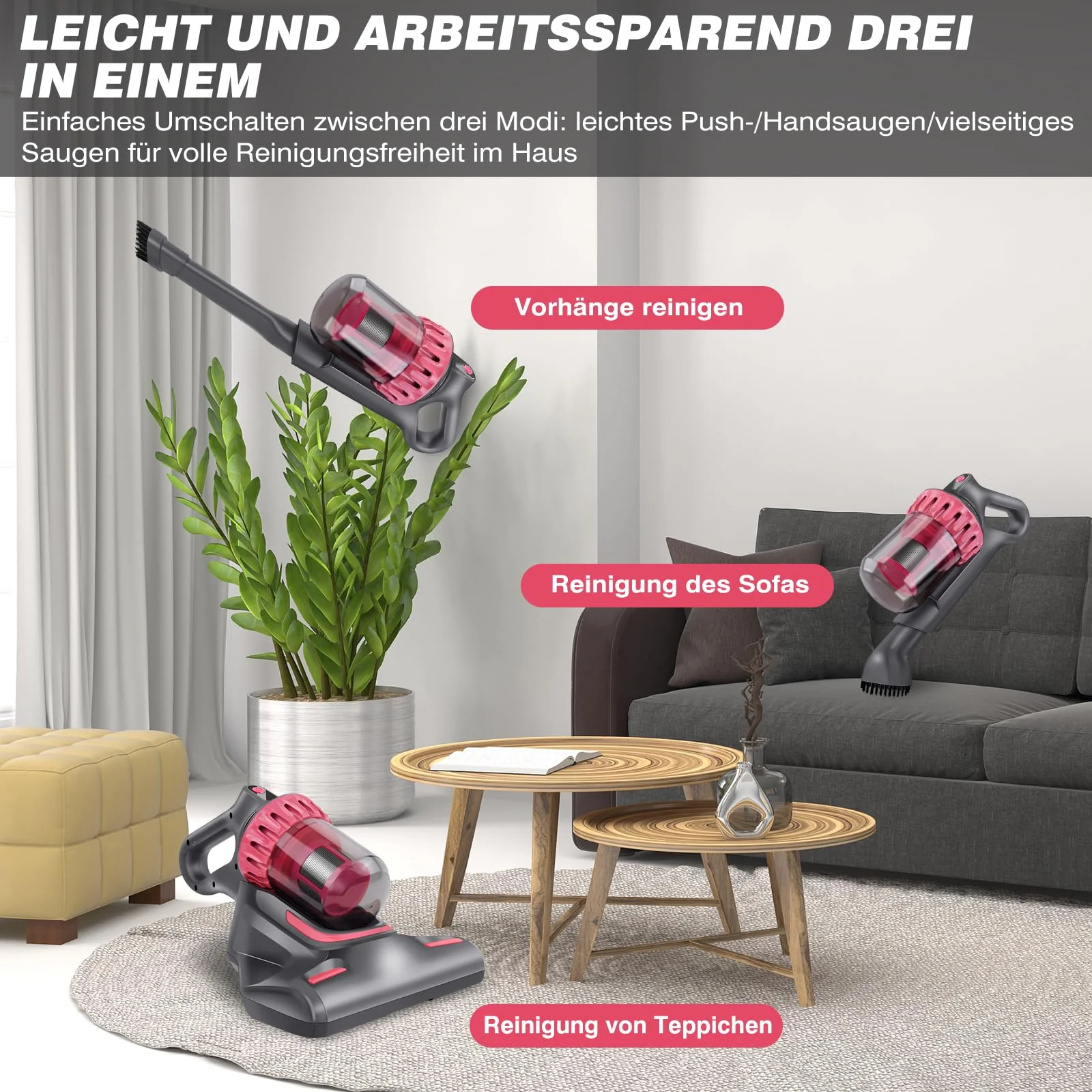 VickyHome 10KPA Wischsauger Kabellos Mit 1500mAh Akku, 3-Gang Wischsauger Staubsauger Auto Akkusauger Kabellos Milbensauger Für Matratzen, Entfernt 99,9% Allergene Von Matratzen - Image 2