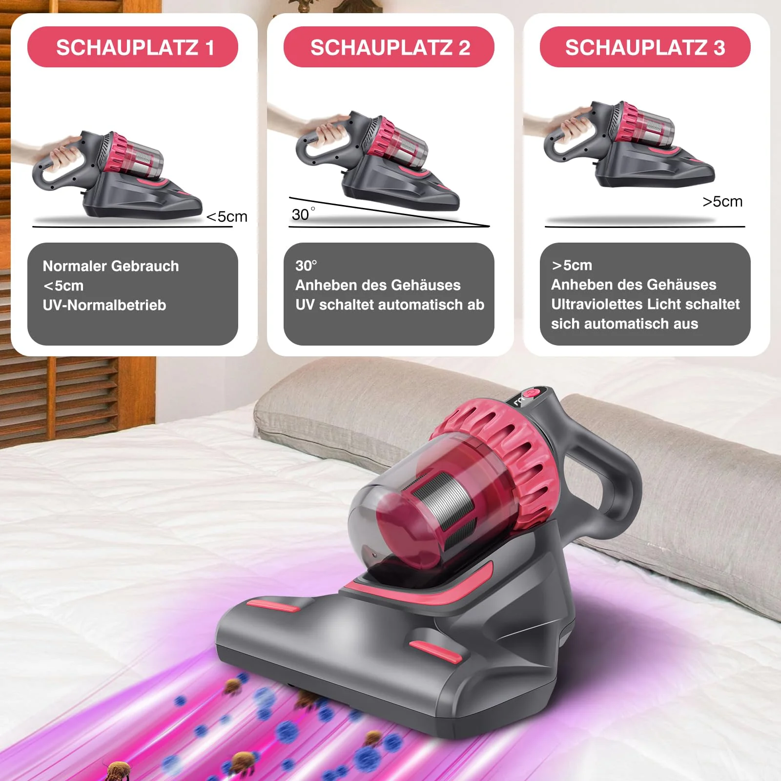 VickyHome 2 In 1 Handstaubsauger Milbensauger Für Matratzen, 10KPA Chmutzbehälter 200ML Akkustaubsauger Kabelloser Staubsauger, Autostaubsauger Milbensauger Mit UV Licht Für Allergiker - Image 2