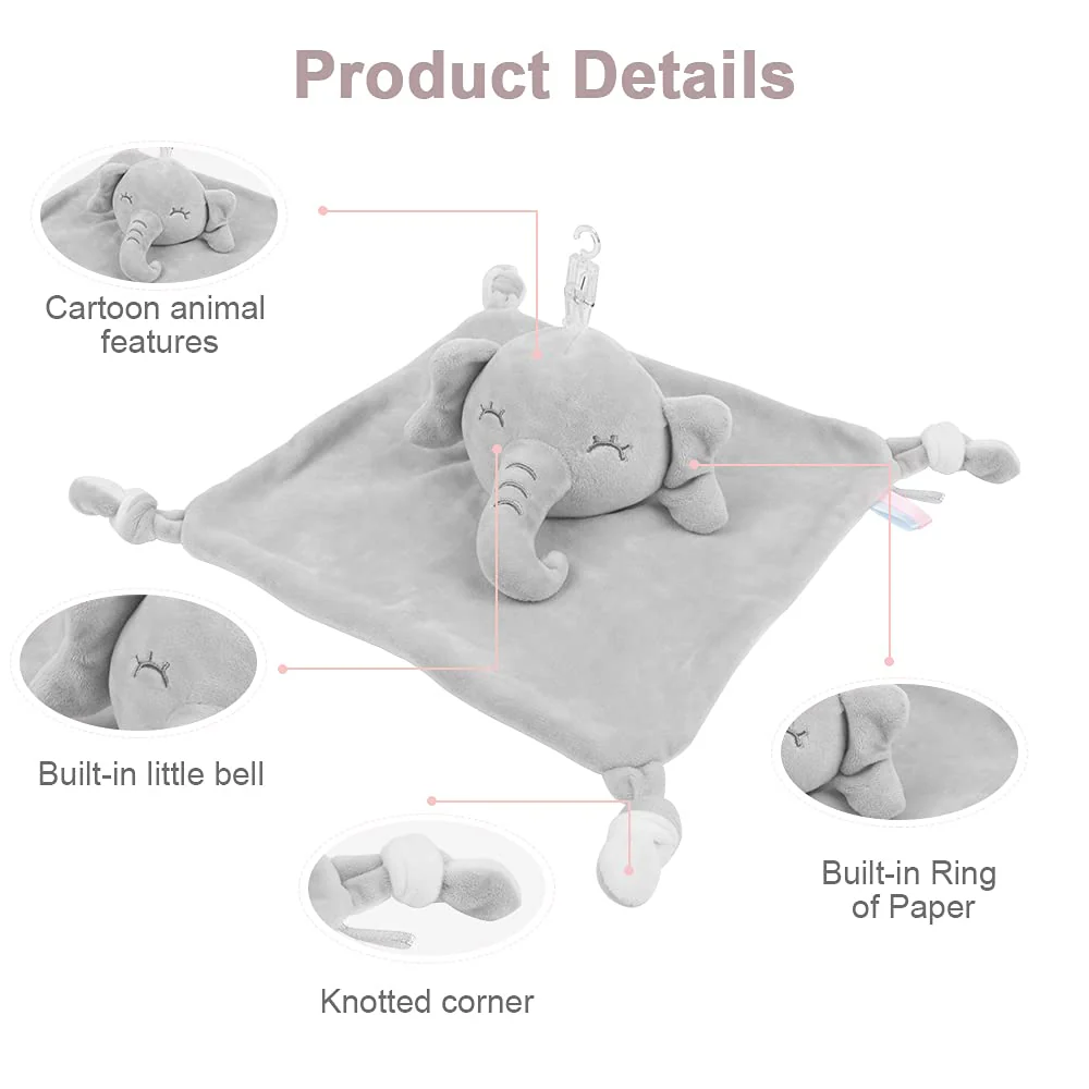 Vicloon Schmusetuch Baby, Kuscheltuch mit Knisterfolie und Glöckchen, Weich & Waschbar, 27 x 26 cm, Baby Kuscheltier, Schmusetuch für Babys ab dem 1 - Elefant - Image 4