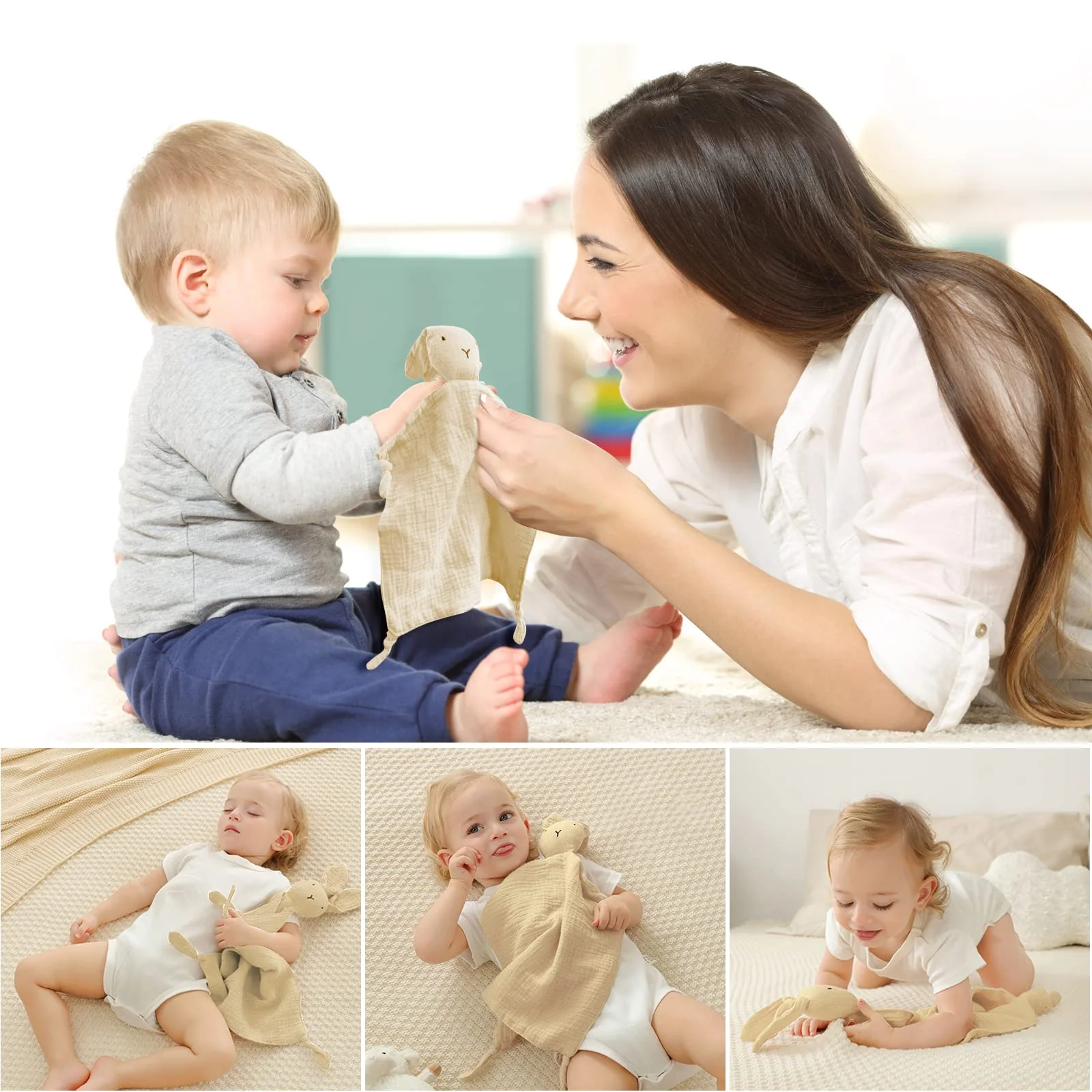 Vicloon Schmusetuch, Kuscheltuch mit Hase-Köpfchen,Doppellagiger Tüll aus 100% Bio-Baumwolle,Baby Geschenk zur Geburt Junge & Mädchen-Beige - Image 2