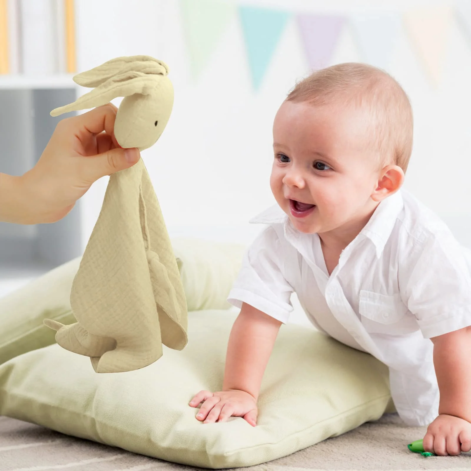 Vicloon Schmusetuch, Kuscheltuch mit Hase-Köpfchen,Doppellagiger Tüll aus 100% Bio-Baumwolle,Baby Geschenk zur Geburt Junge & Mädchen-Beige - Image 3
