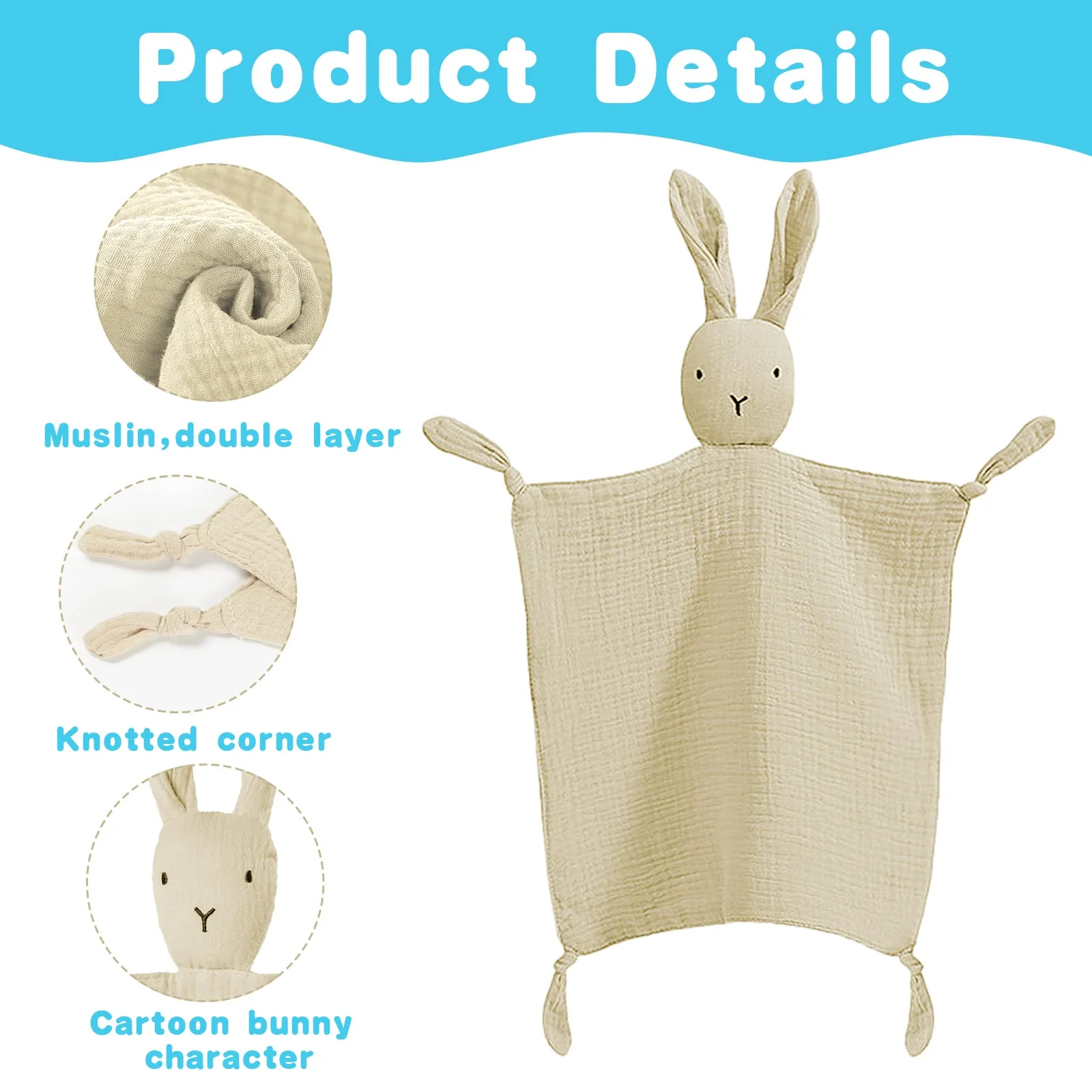 Vicloon Schmusetuch, Kuscheltuch mit Hase-Köpfchen,Doppellagiger Tüll aus 100% Bio-Baumwolle,Baby Geschenk zur Geburt Junge & Mädchen-Beige - Image 5