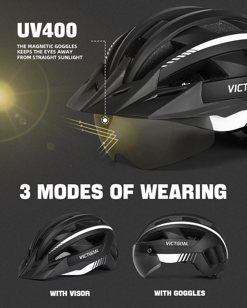 VICTGOAL Fahrradhelm MTB Mountainbike Helm mit magnetischem Visier Abnehmbarer Sonnenschutzkappe und LED Rücklicht Radhelm Rennradhelm für Erwachsenen Herren Damen (L: 57-61cm, Black White) - Image 14