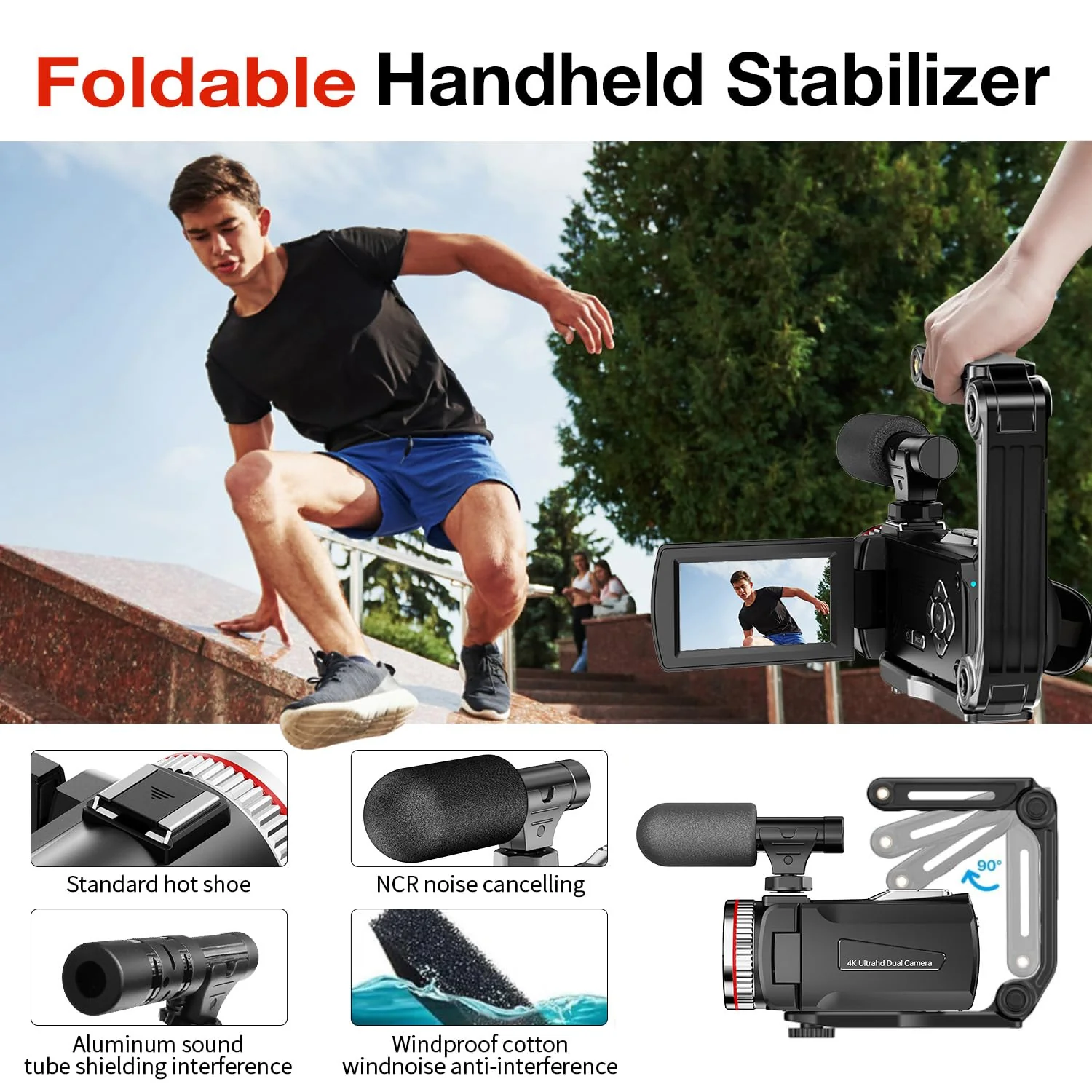 Videokamera 4K 64MP Camcorder Vlogging Kamera für YouTube,21X Digital Zoom, 3" 270° Drehbarer Screen Video Vlogging Dual Camera mit 64GB Karte, Mikrofon, Stabilisator, Fernbedienung,2 Batterien - Image 6