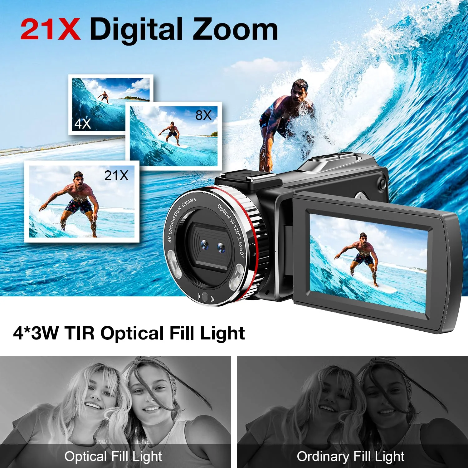 Videokamera 4K 64MP Camcorder Vlogging Kamera für YouTube,21X Digital Zoom, 3" 270° Drehbarer Screen Video Vlogging Dual Camera mit 64GB Karte, Mikrofon, Stabilisator, Fernbedienung,2 Batterien - Image 8