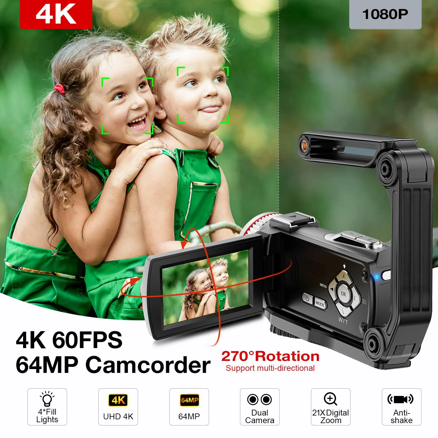 Videokamera 4K 64MP Camcorder Vlogging Kamera für YouTube,21X Digital Zoom, 3" 270° Drehbarer Screen Video Vlogging Dual Camera mit 64GB Karte, Mikrofon, Stabilisator, Fernbedienung,2 Batterien - Image 9