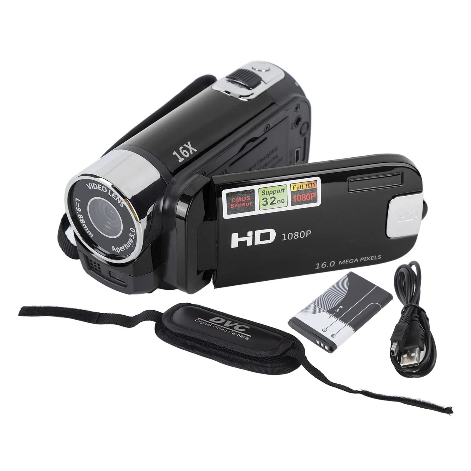 Videokamera für Vlogging, 1080P Full HD-Camcorder, 16 MP 16-facher Digitalzoom, Drehbarer 2,7-Zoll-TFT-Bildschirm, mit Fülllicht und USB-Anschluss (Schwarz) - Image 2
