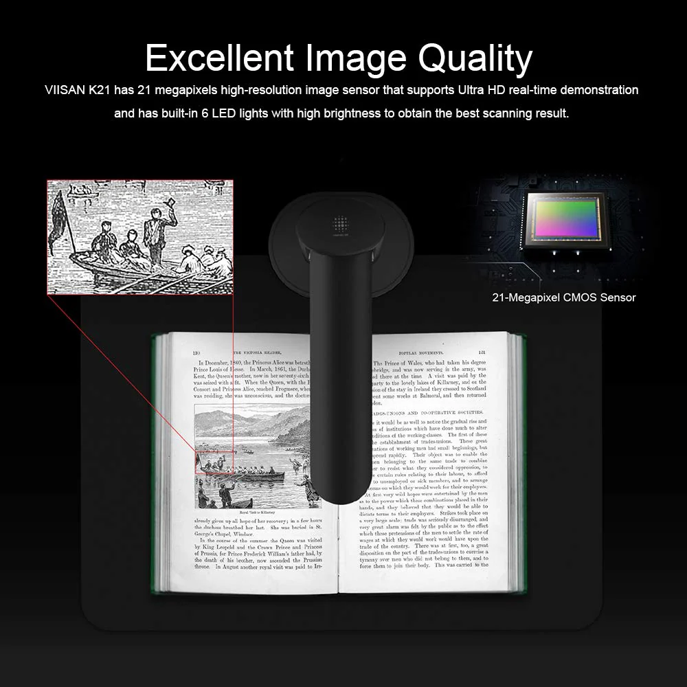 Viisan K21 Dokumenten-& Buchscanner Max Scanbereich A3. 21MP Sensor Buch-Doppelseiten Glätten & Aufteilen Auto-Scannen. Laser-Markierung. Texterkennung. Windows & Mac Tragbar - Image 8