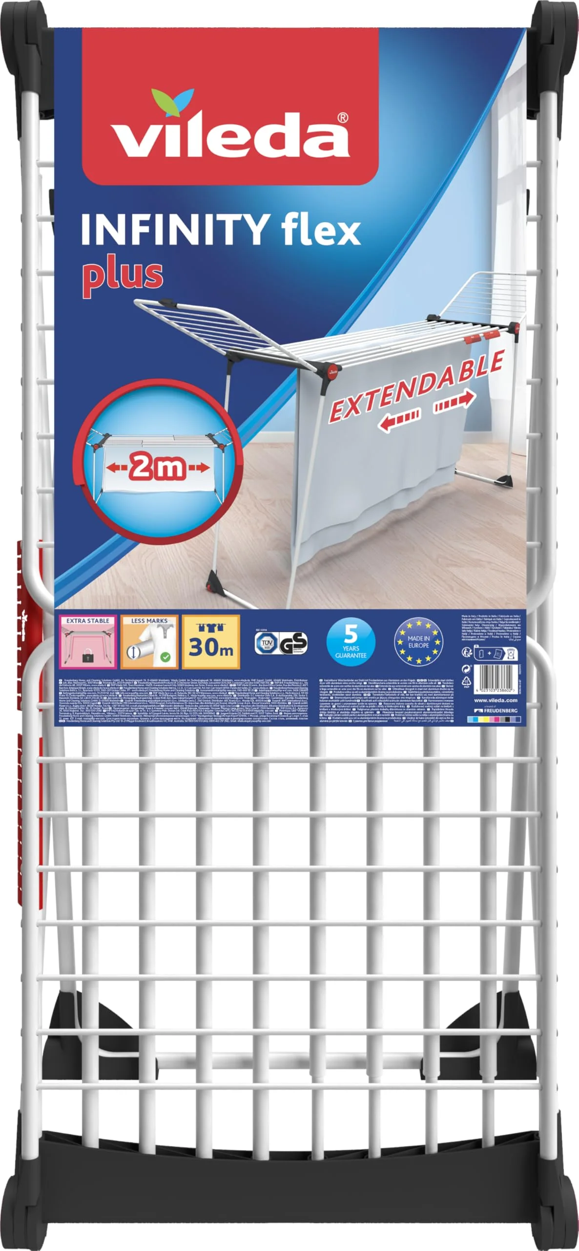 Vileda Infinity Flex Plus Wäscheständer, bis zu 2m ausziehbares Mittelteil, 30m Trockenleine, hohe Flügel mit XXL-Leinen, Eco-Verpackung - Image 2