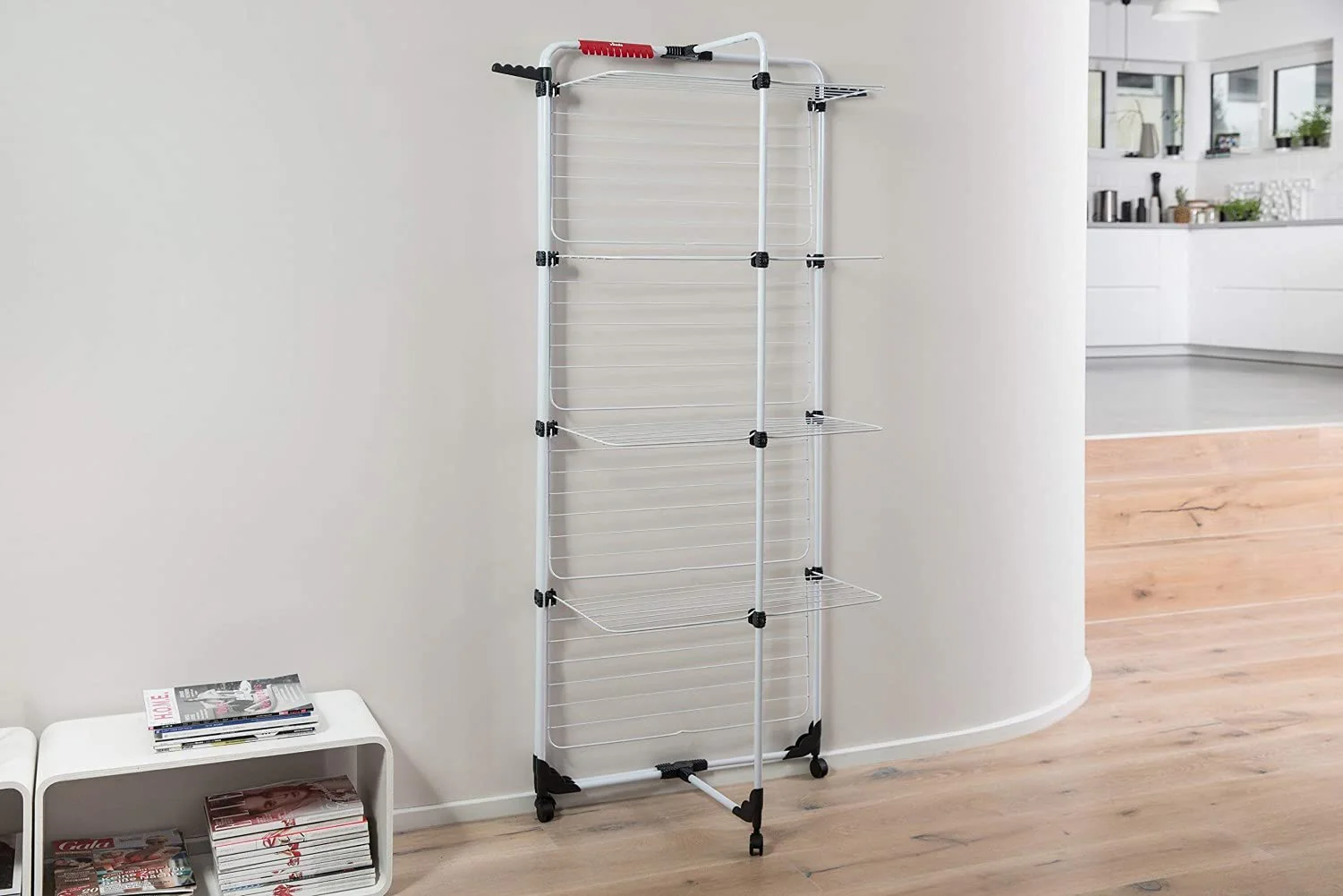 Vileda Mixer 4 Turmwäscheständer, Wäscheständer mit 4 Ebenen für bis zu 4 Waschladungen, Flex-Gelenk, rollbar, Höhe 1,64m, 40m Leinenlänge, Stahl, Eco-Verpackung - Image 5