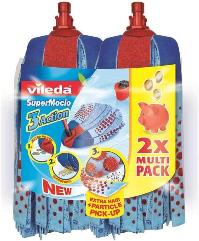 Vileda SuperMocio 3Action Wischmopp Ersatzkopf, Mikrofaser Moppkopf mit Schrubberzone und Velours Fasern, ideal für Fließen und Steinböden, 2er Vorteilspack