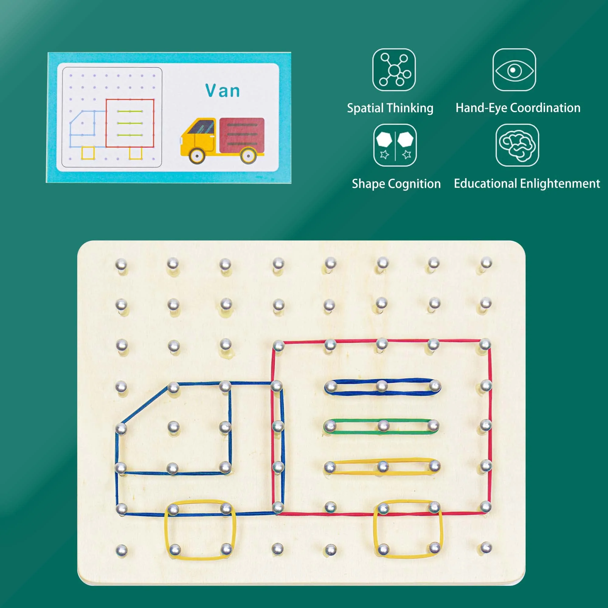 VingaHouse Montessori Spielzeug ab 3 4 5 6 Jahre -Geobrett- Geoboard Holz - Förderung des räumlichen Denkens und der Vorstellungskraft - EIN glückliches Geschenk für Kinder im Alter von 3+ Jahren - Image 2