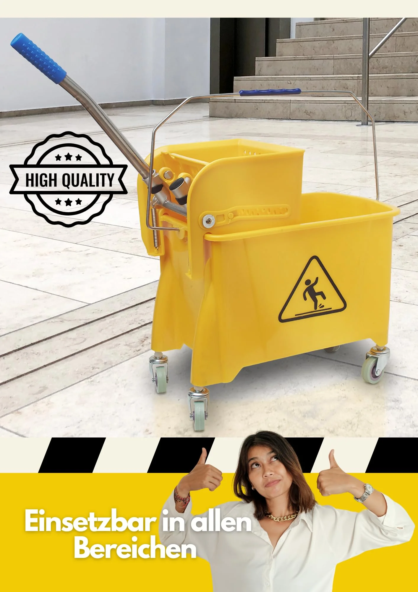 VIOVIE Premium Wischer Komplett Set und Reinigungswagen mit Auswringfunktion | 50 cm Baumwoll-Wischmopp | 140 cm Alustiel | Magnethalter mit 1 klick System für einfaches Wechseln | alle Böden (50 cm)
