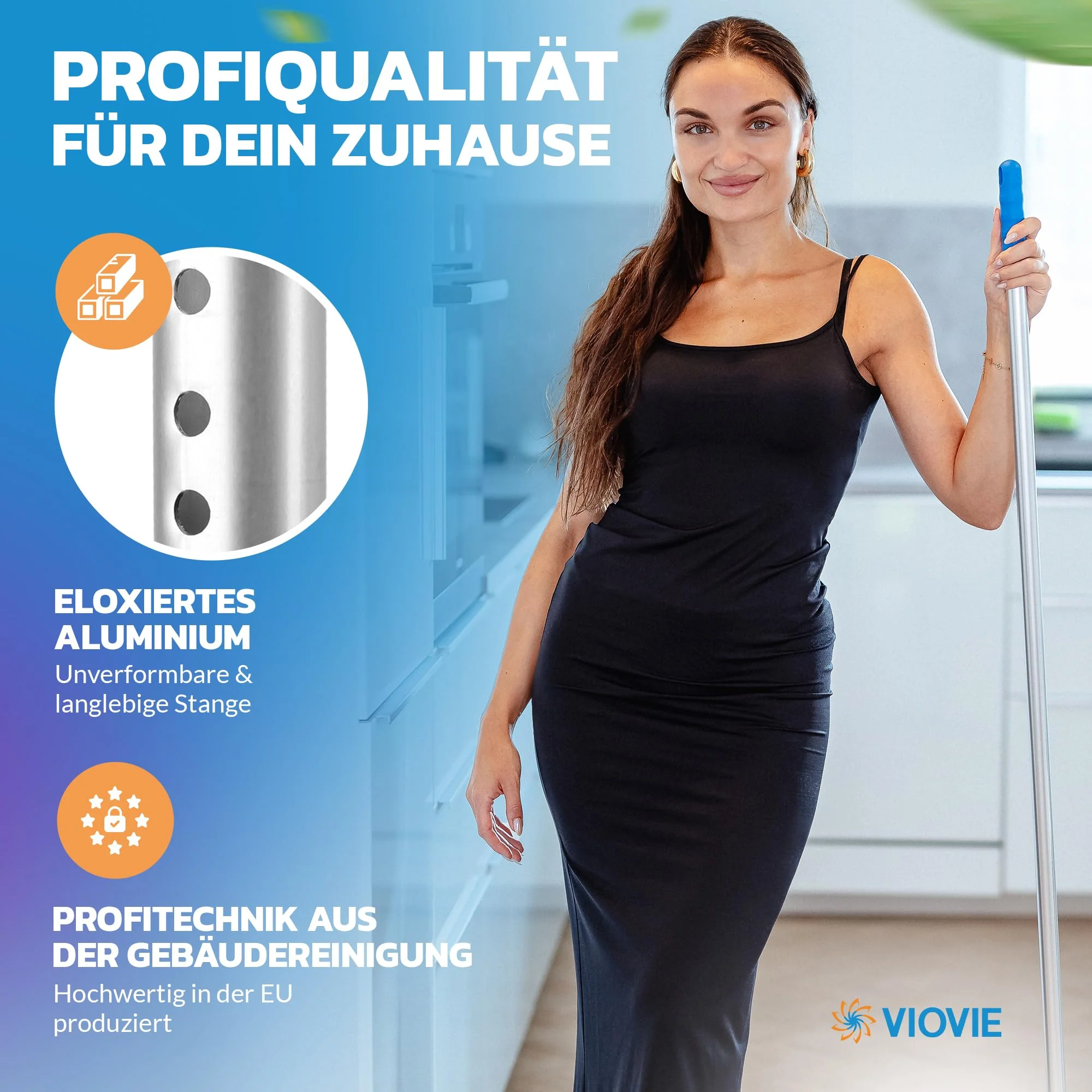 VIOVIE Premium Wischer Komplett Set und Reinigungswagen mit Auswringfunktion | 50 cm Baumwoll-Wischmopp | 140 cm Alustiel | Magnethalter mit 1 klick System für einfaches Wechseln | alle Böden (50 cm) - Image 5