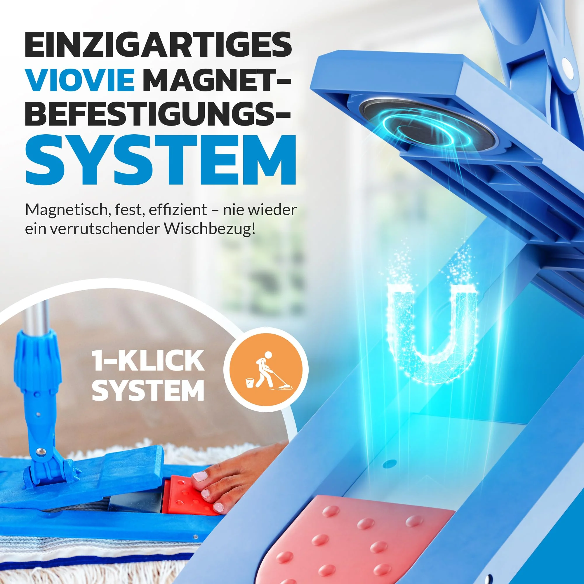 VIOVIE Premium Wischer Komplett Set und Reinigungswagen mit Auswringfunktion | 50 cm Baumwoll-Wischmopp | 140 cm Alustiel | Magnethalter mit 1 klick System für einfaches Wechseln | alle Böden (50 cm) - Image 7
