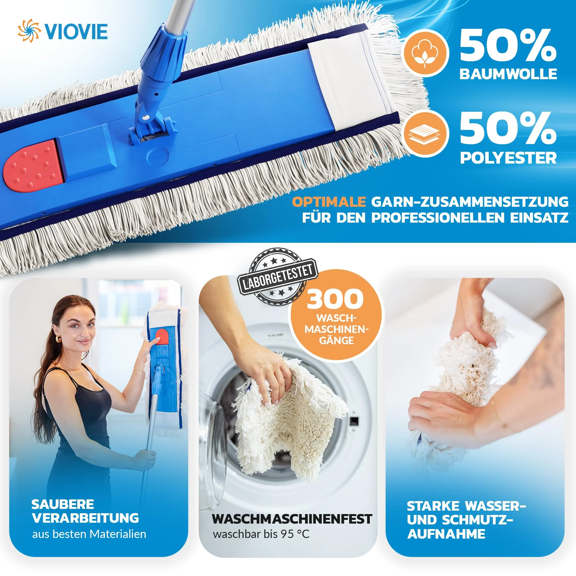 VIOVIE Premium Wischer Komplett Set und Reinigungswagen mit Auswringfunktion | 50 cm Baumwoll-Wischmopp | 140 cm Alustiel | Magnethalter mit 1 klick System für einfaches Wechseln | alle Böden (50 cm) - Image 9