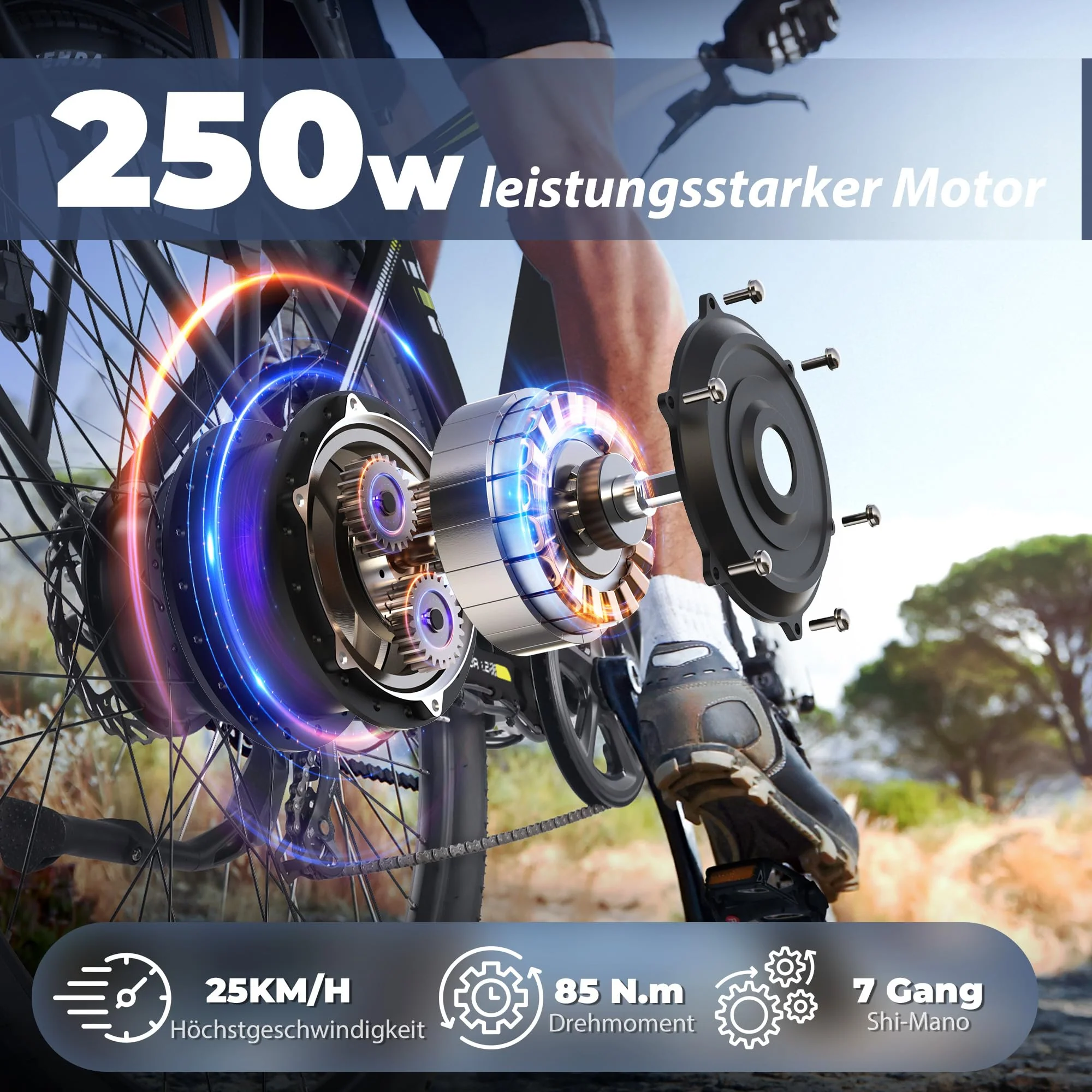 Vipdrive E Bike 28 Zoll, E-Bike Damen Herren, Electric Bike mit 48V 15Ah Batterie, 3 PAS & Tempomat Modus, 7-Gang mit LCD-Display, 250W Motor & 85NM, up to 100km(Navigator 1.1 Black) - Image 6